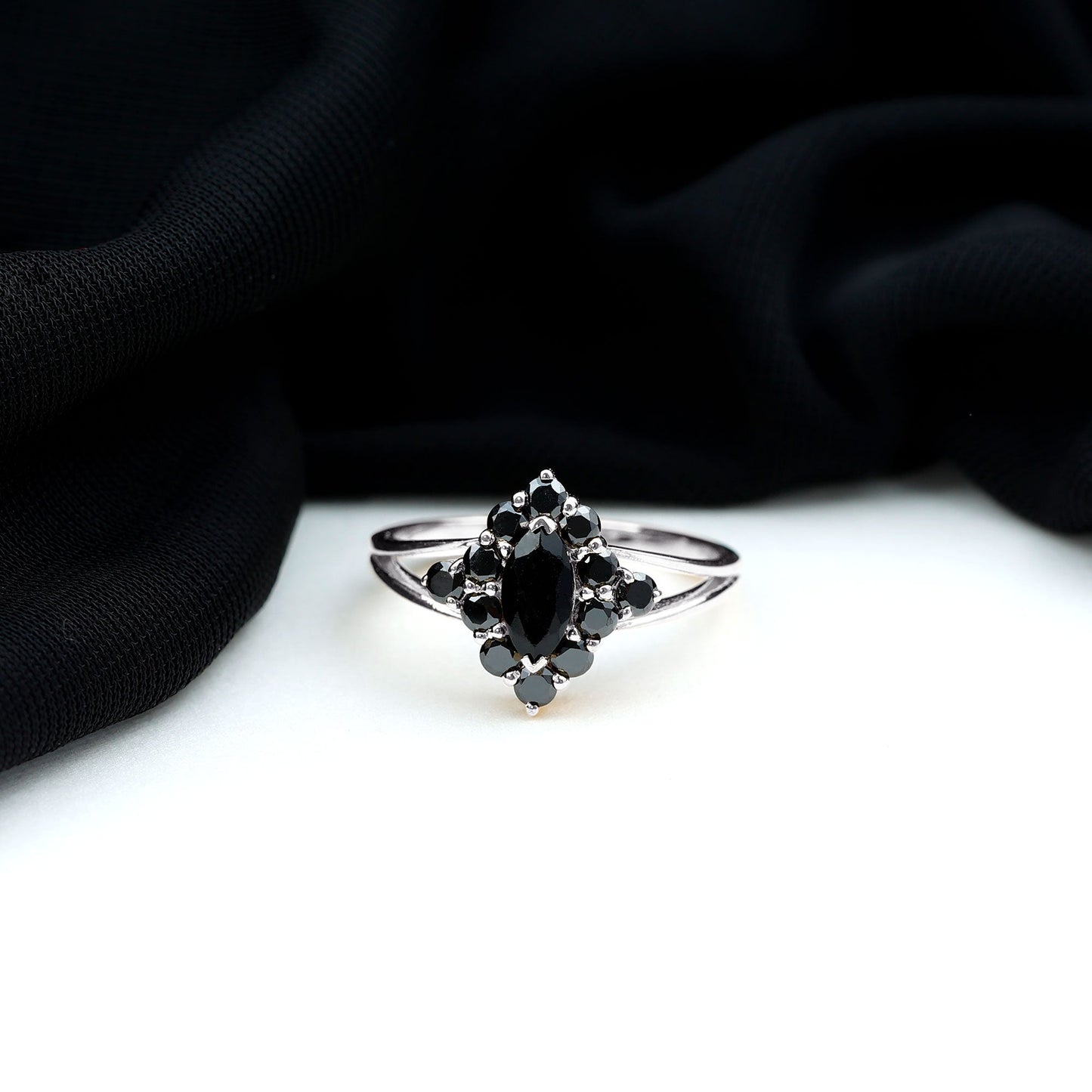 Certified Black Onyx Cluster Cocktail Ring with Split Shank