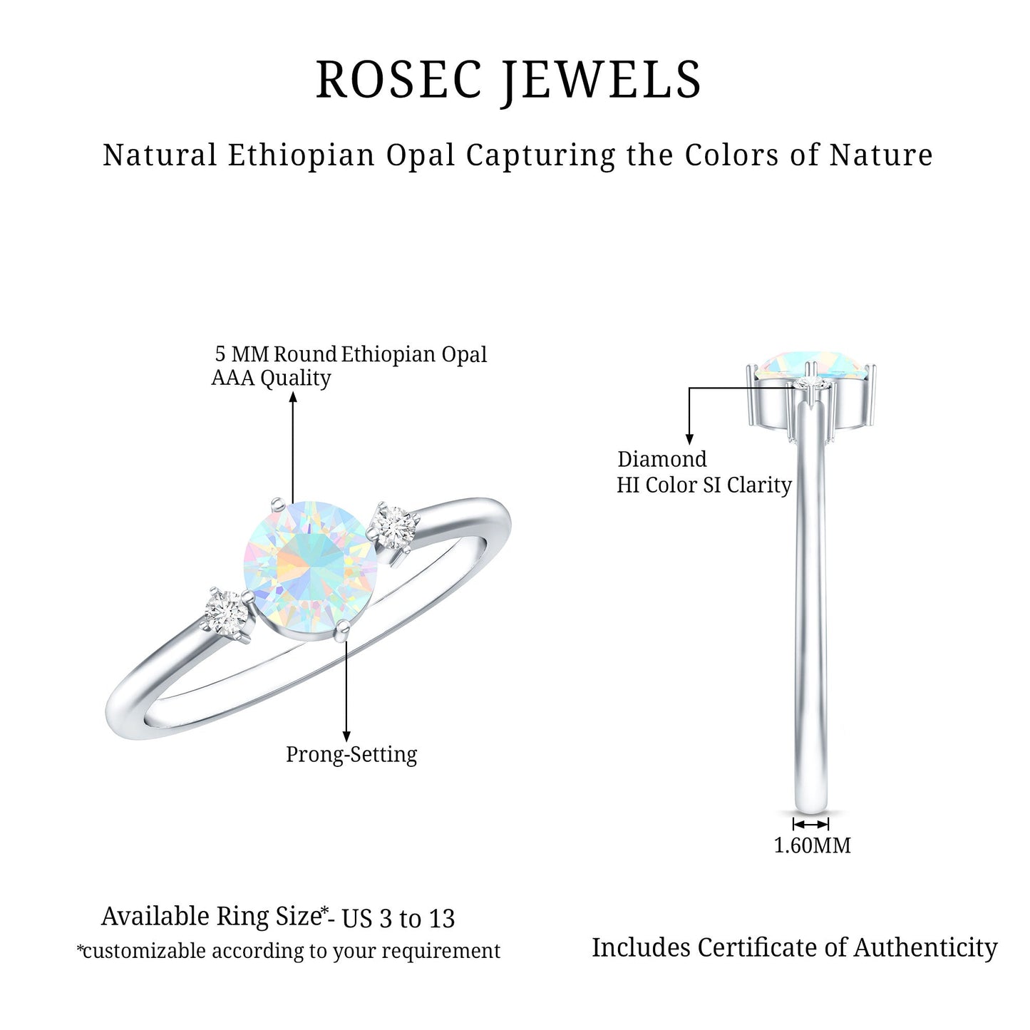 Natural Ethiopian Rainbow Opal Promise Ring with Diamond