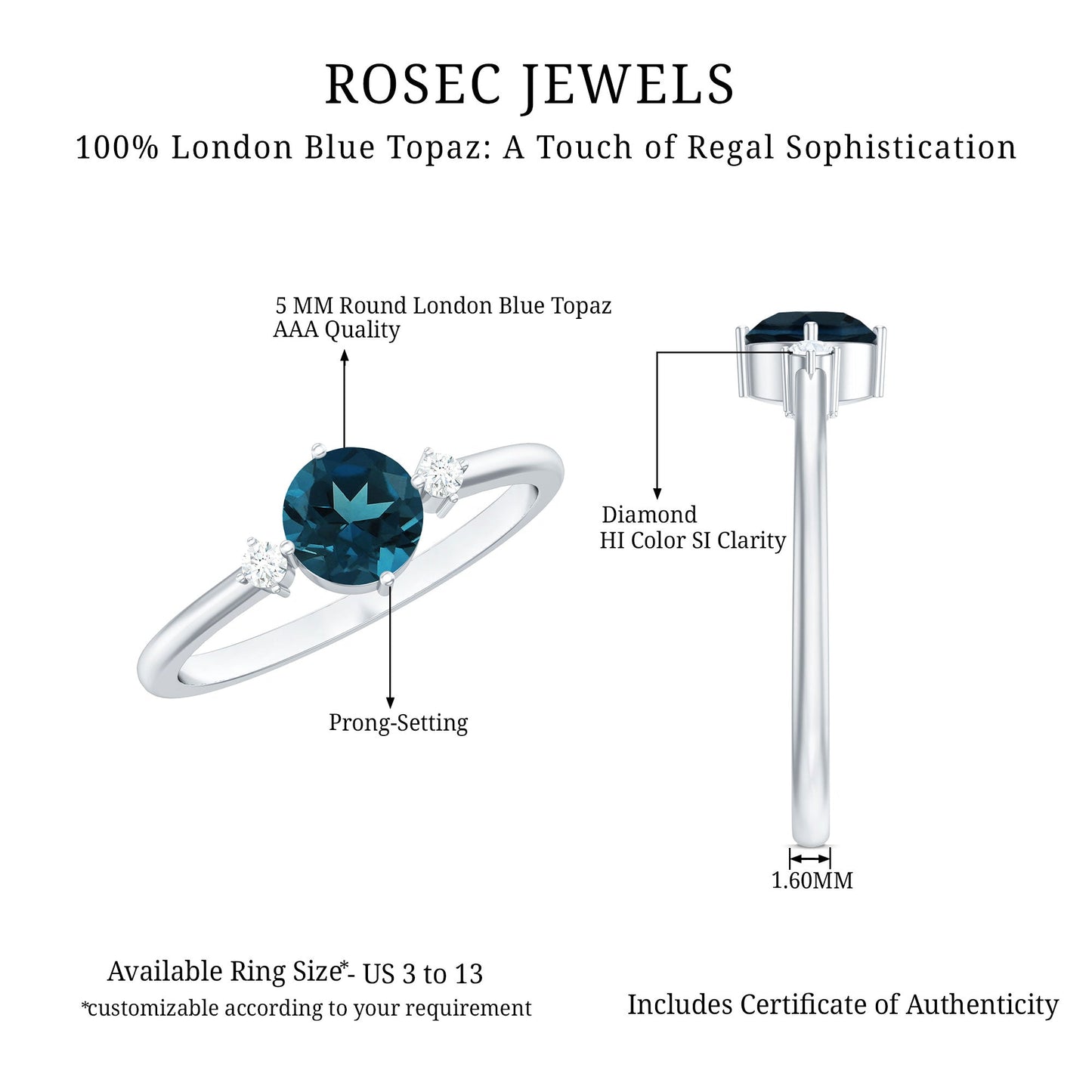 0.6 Carat Round London Blue Topaz Minimal Promise Ring with Diamond