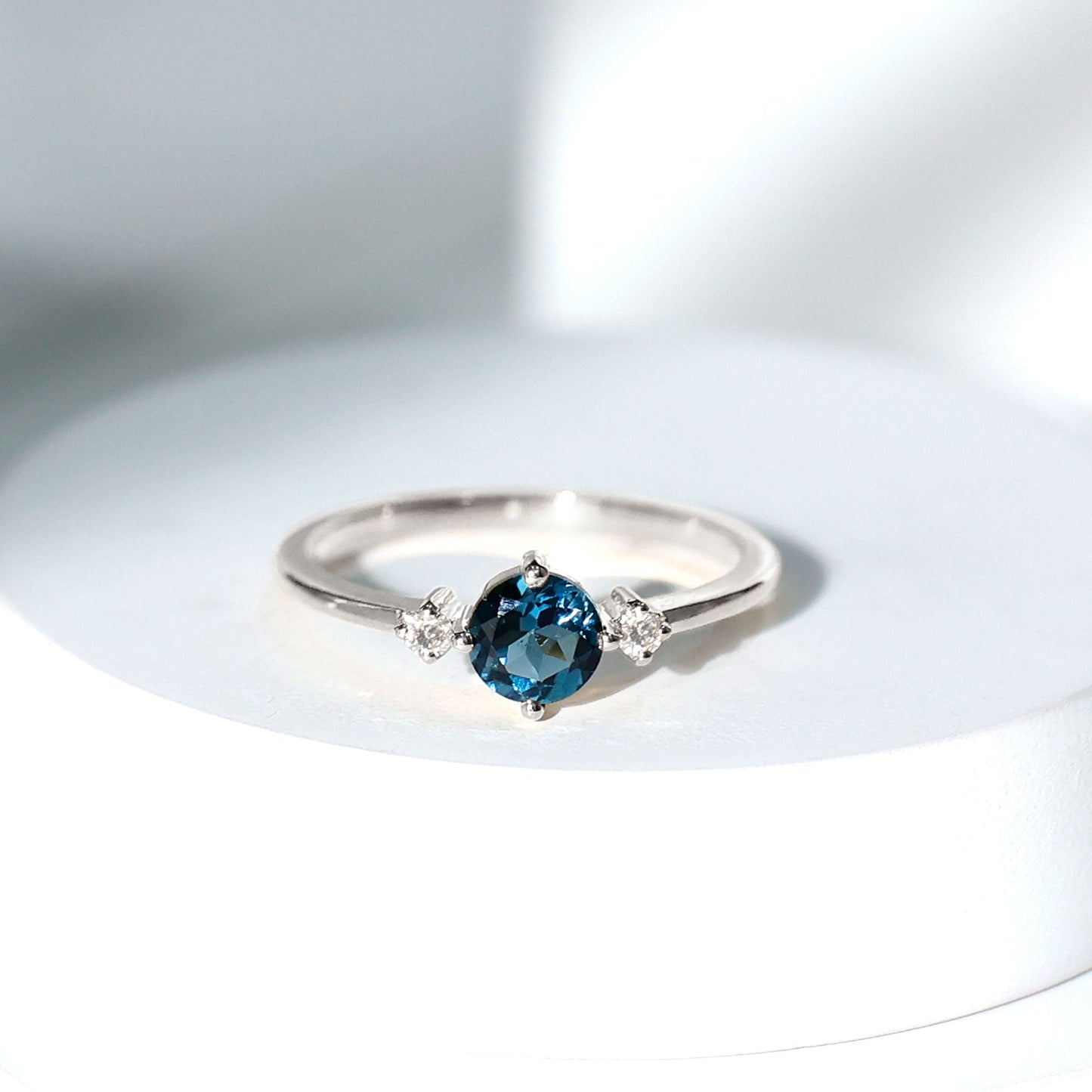 0.6 Carat Round London Blue Topaz Minimal Promise Ring with Diamond