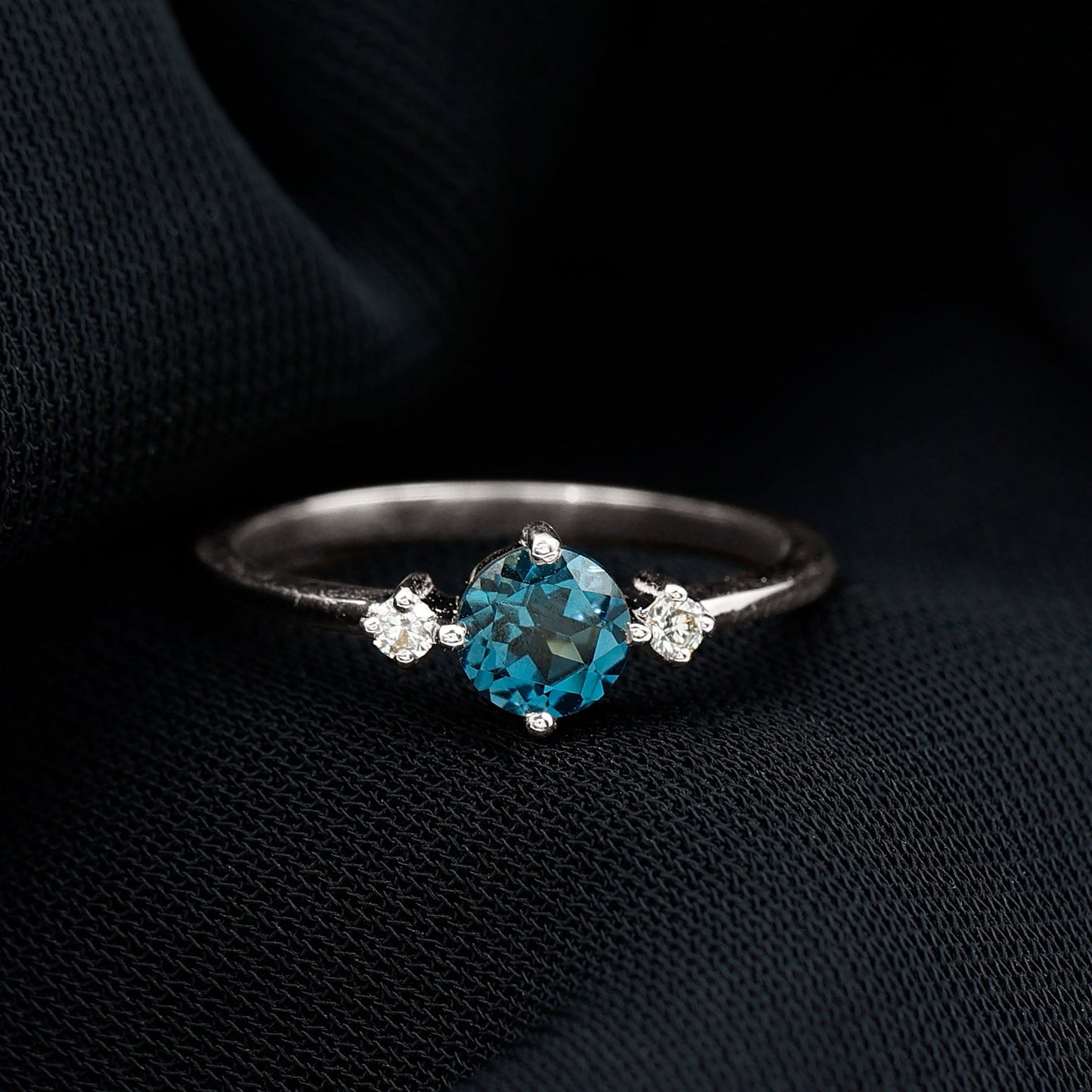 0.6 Carat Round London Blue Topaz Minimal Promise Ring with Diamond