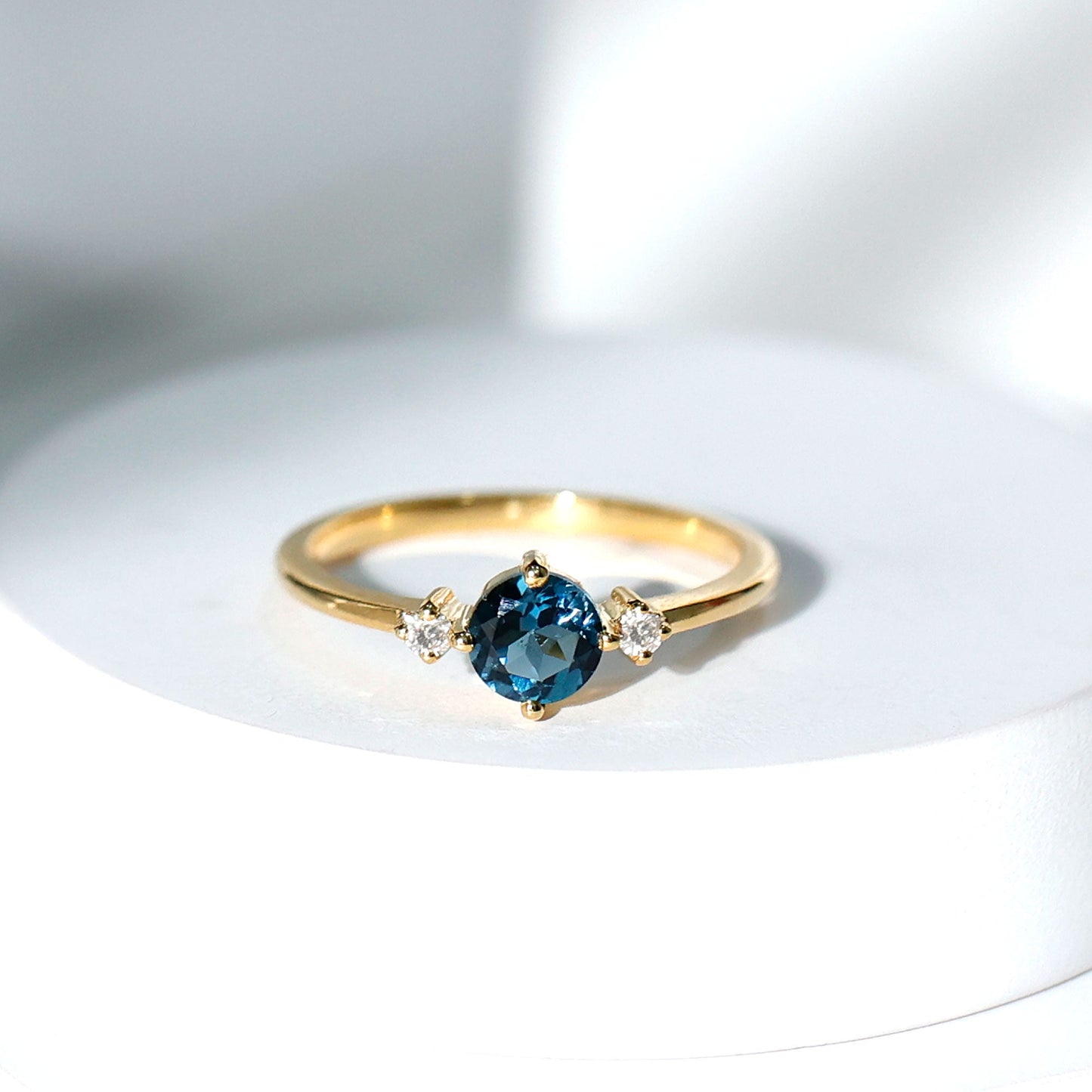 0.6 Carat Round London Blue Topaz Minimal Promise Ring with Diamond