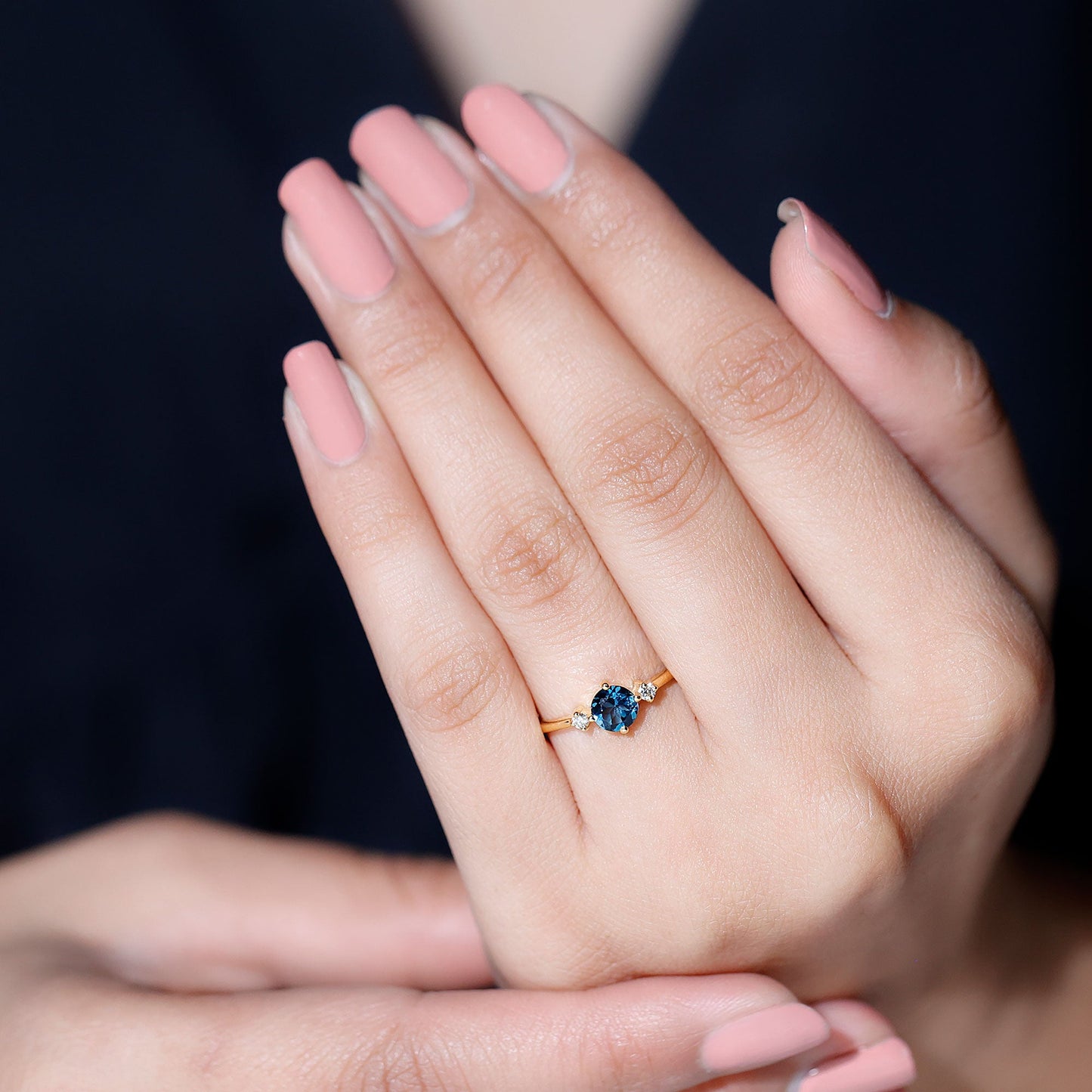 0.6 Carat Round London Blue Topaz Minimal Promise Ring with Diamond