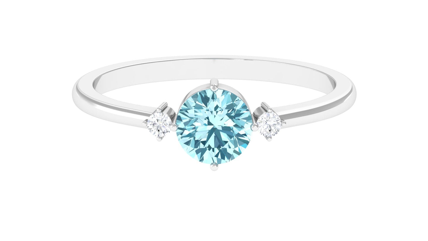 Natural 0.8 Carat Round Aquamarine Promise Ring with Diamond