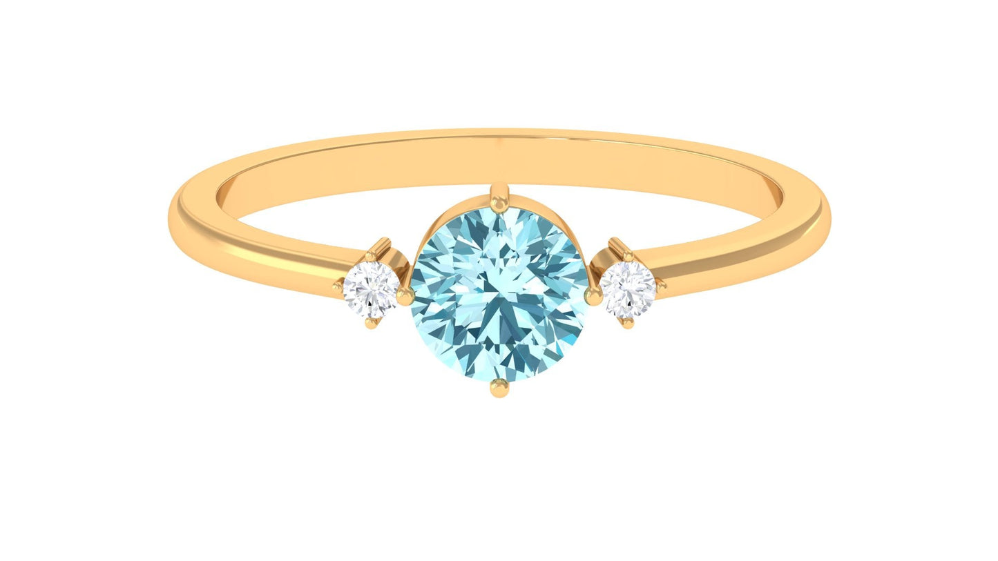 Natural 0.8 Carat Round Aquamarine Promise Ring with Diamond