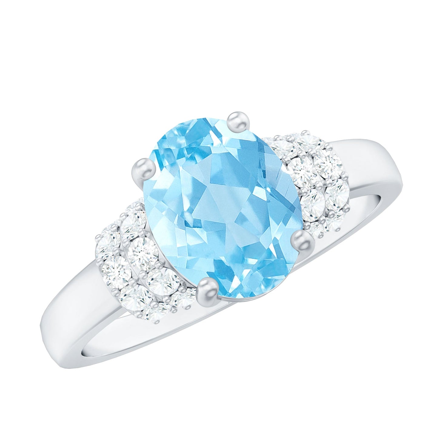 1 Carat Oval Cut Aquamarine Engagement Ring with Diamond Collar