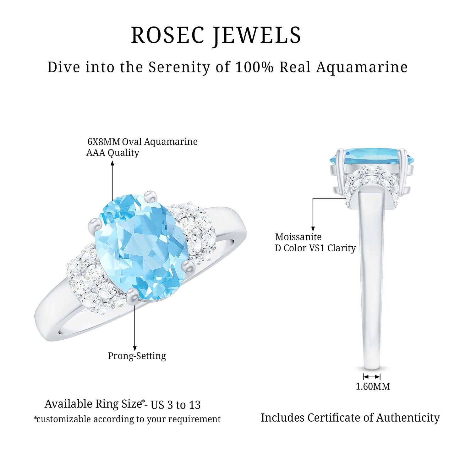 1 Carat Oval Cut Aquamarine Engagement Ring with Diamond Collar