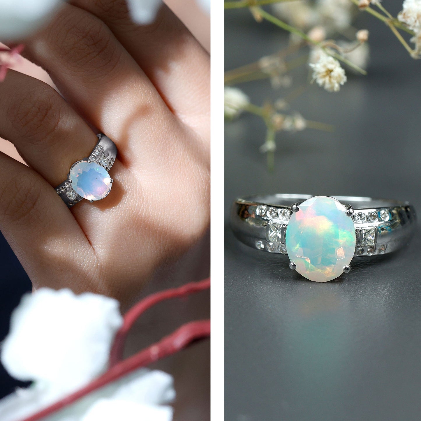 1.3 Carat Ethiopian Opal Oblong Engagement Ring with Diamond