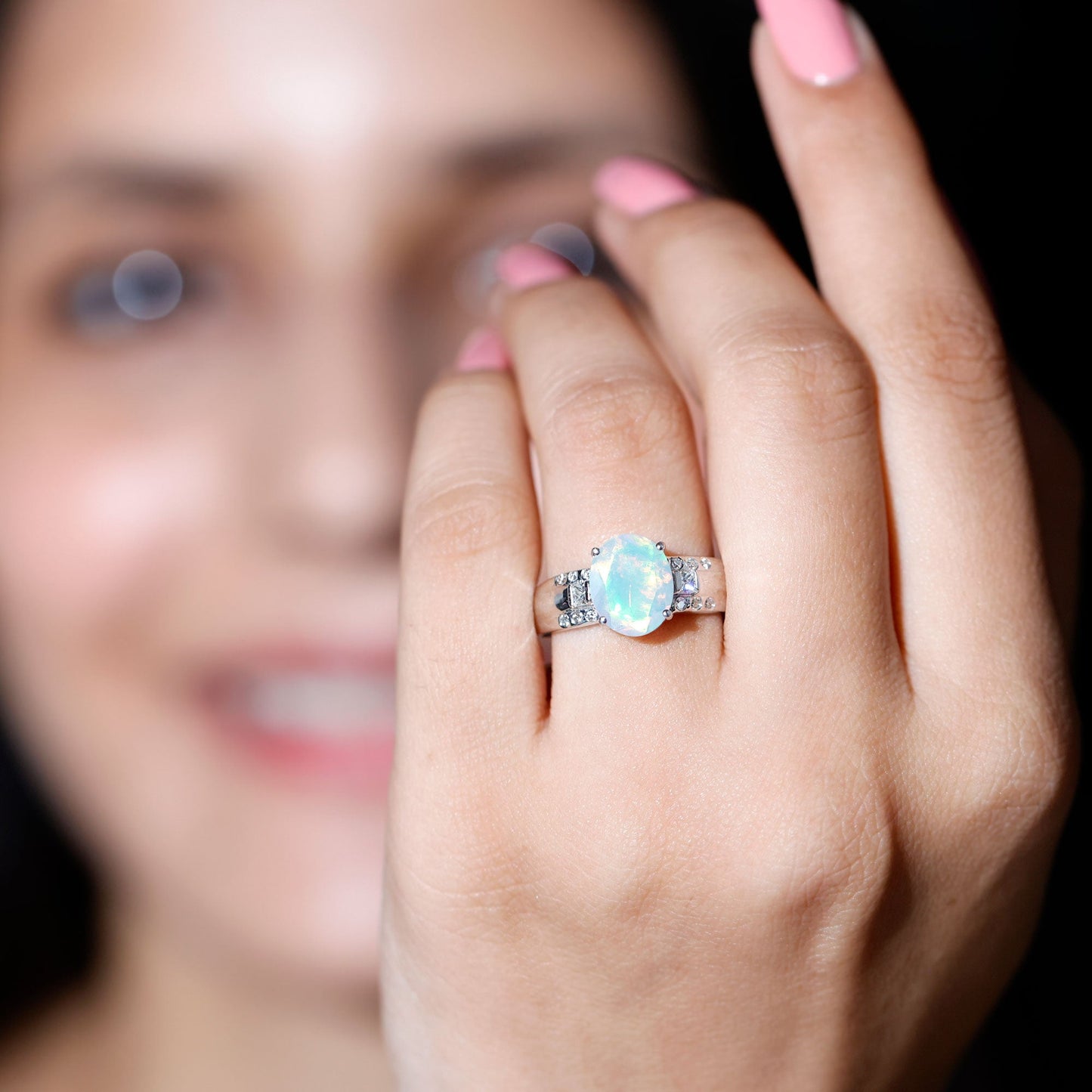 1.3 Carat Ethiopian Opal Oblong Engagement Ring with Diamond