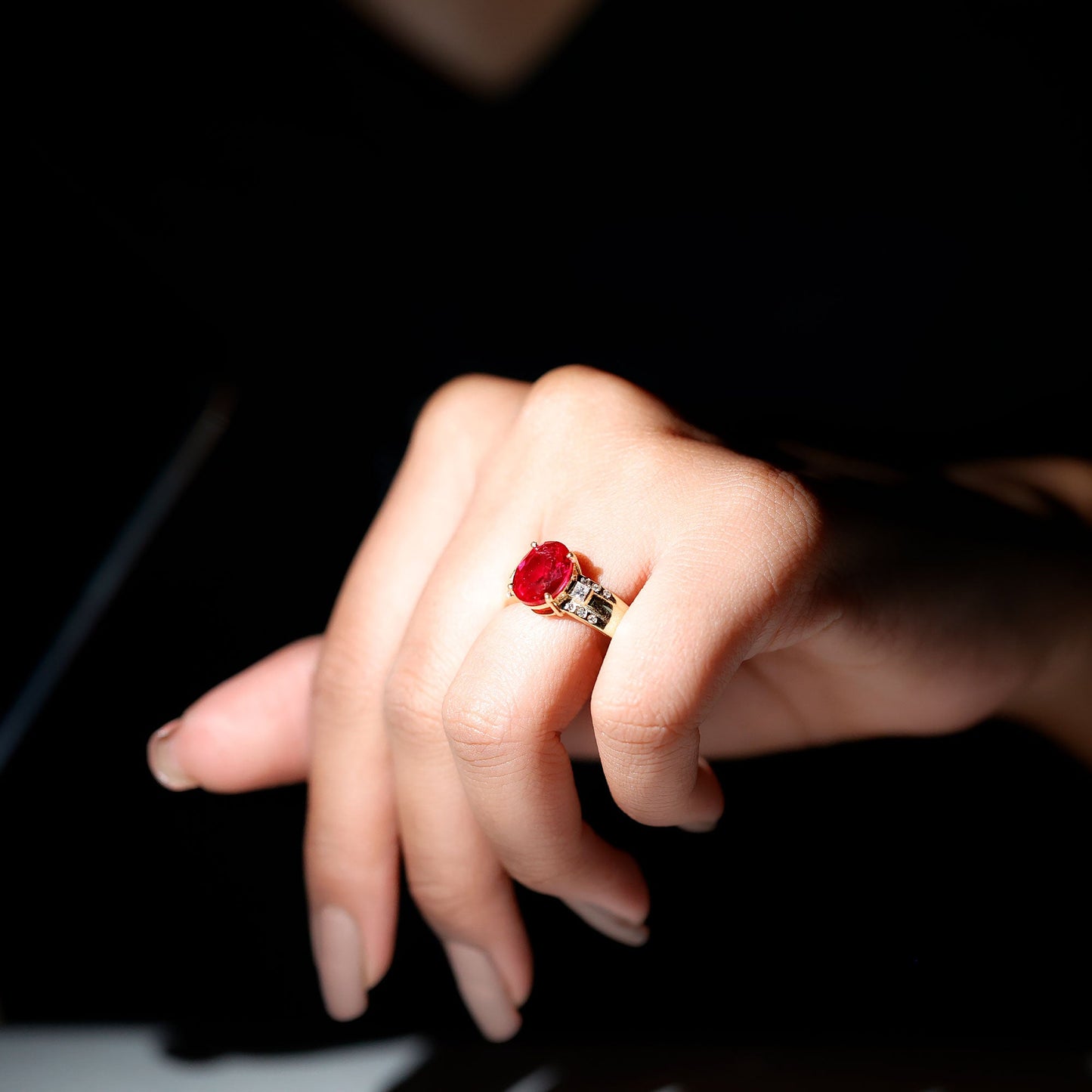 Oval Lab Grown Ruby Statement Engagement Ring with Diamond