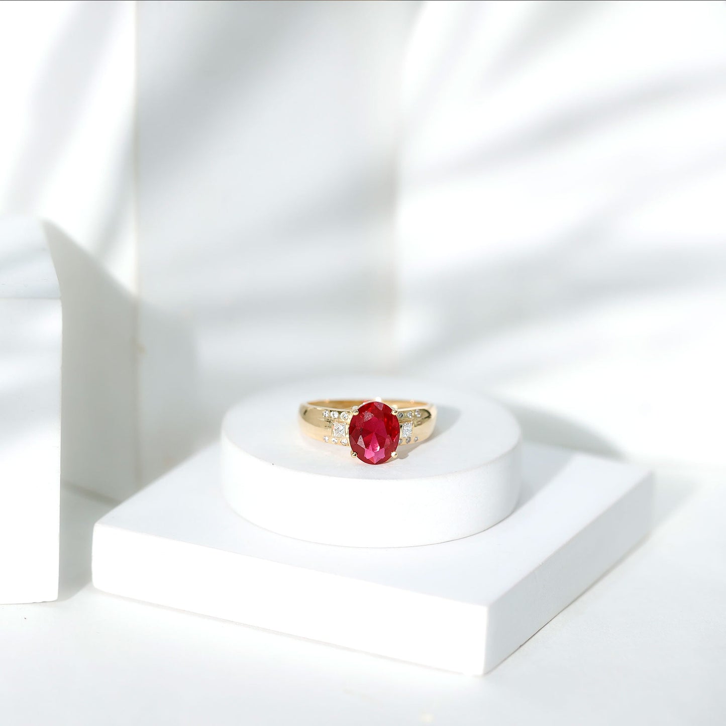 Oval Lab Grown Ruby Statement Engagement Ring with Diamond