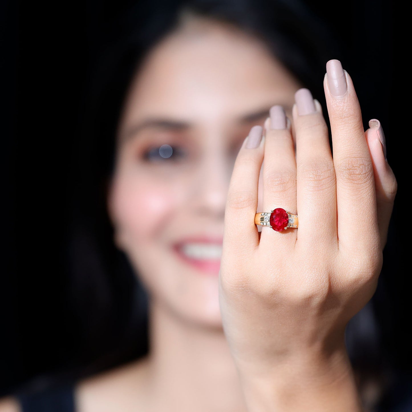 Oval Lab Grown Ruby Statement Engagement Ring with Diamond