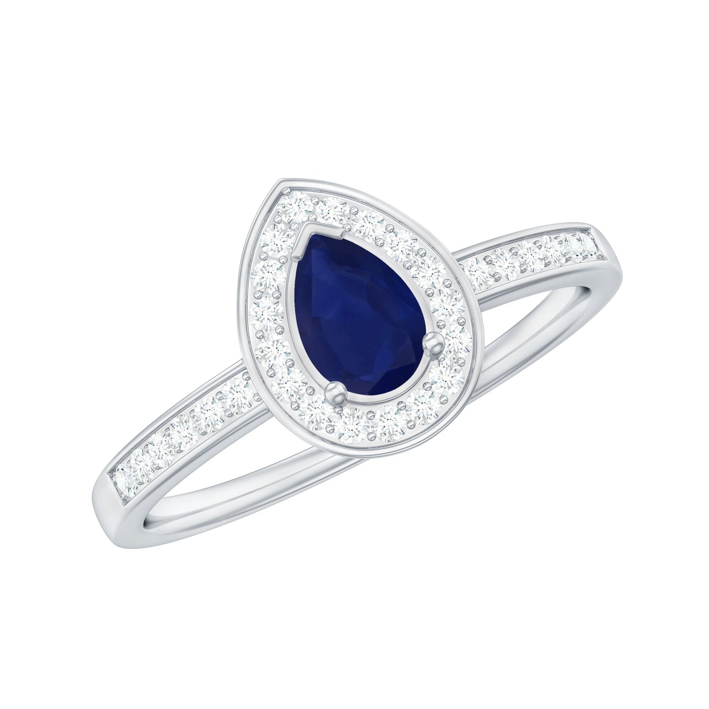 Genuine 0.5 Carat Blue Sapphire and Diamond Pear Halo Engagement Ring