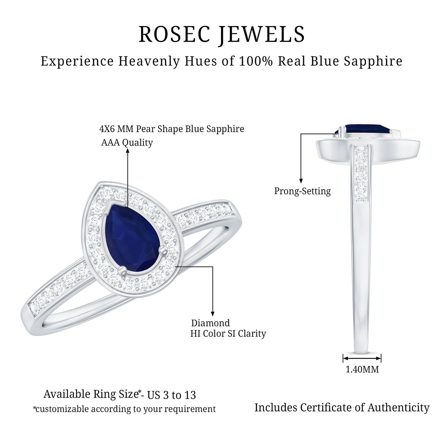 Genuine 0.5 Carat Blue Sapphire and Diamond Pear Halo Engagement Ring
