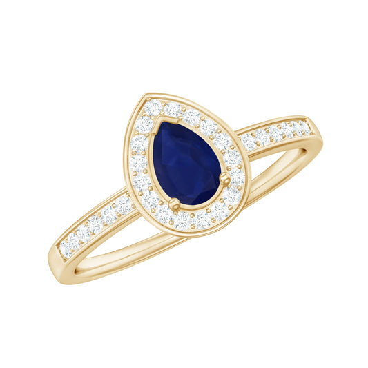 Genuine 0.5 Carat Blue Sapphire and Diamond Pear Halo Engagement Ring