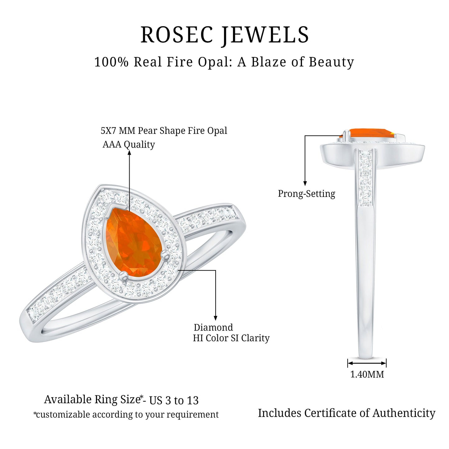 Classic Fire Opal Engagement Ring with Diamond Halo