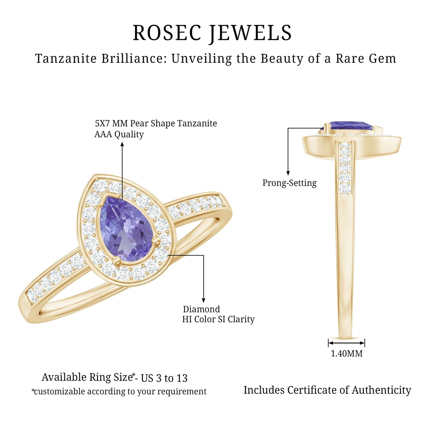 Natural Pear Cut Tanzanite Teardrop Engagement Ring with Diamond Halo