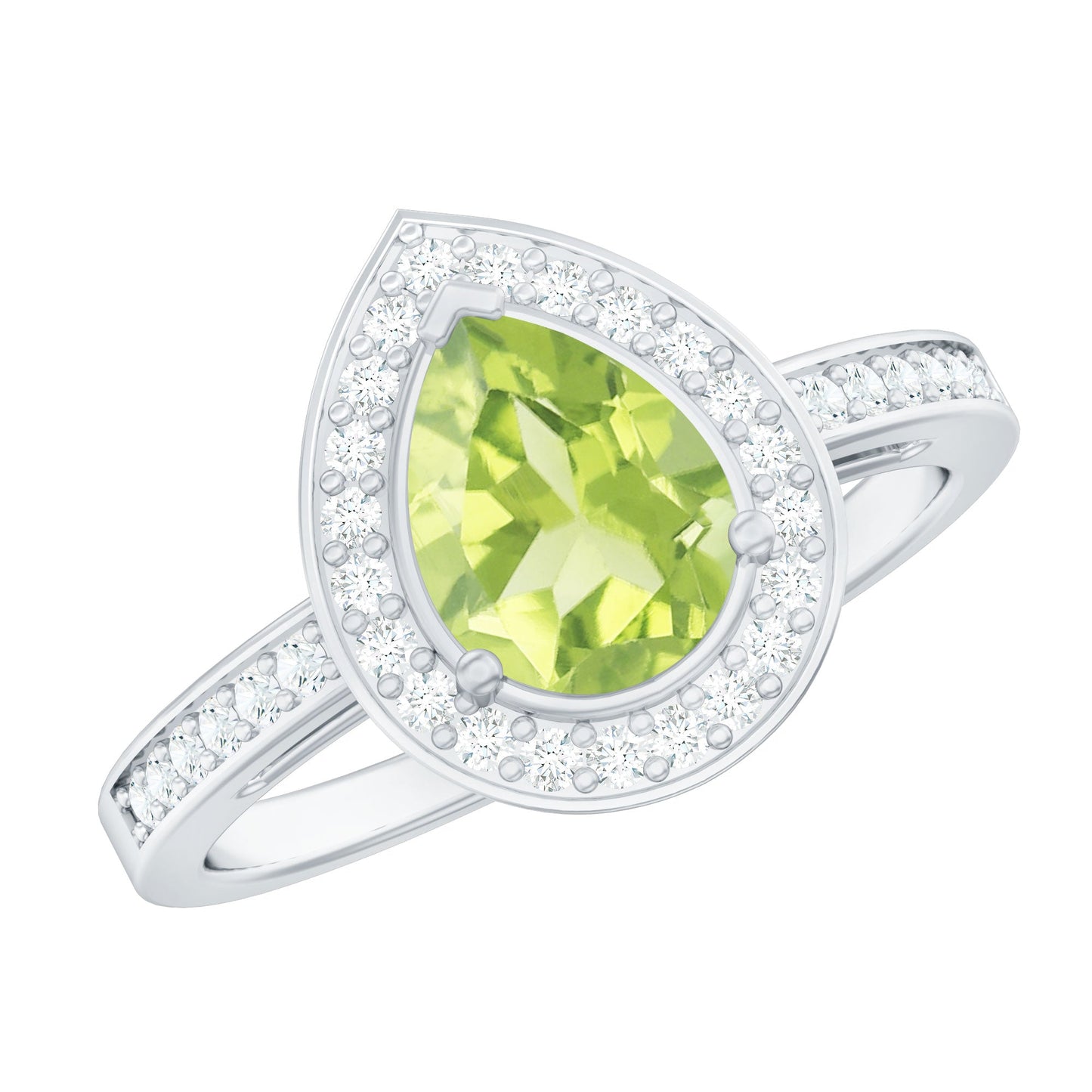 Natural 1 Carat Peridot Teardrop Engagement Ring with Diamond Halo
