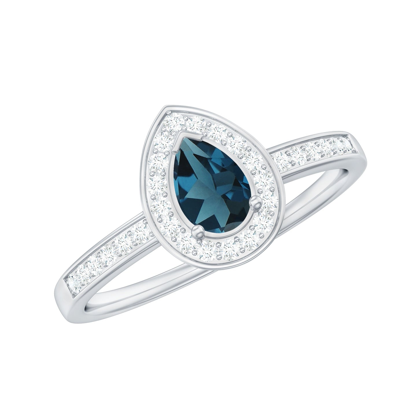 0.7 Carat Pear Shaped London Blue Topaz Engagement Ring with Diamond Halo