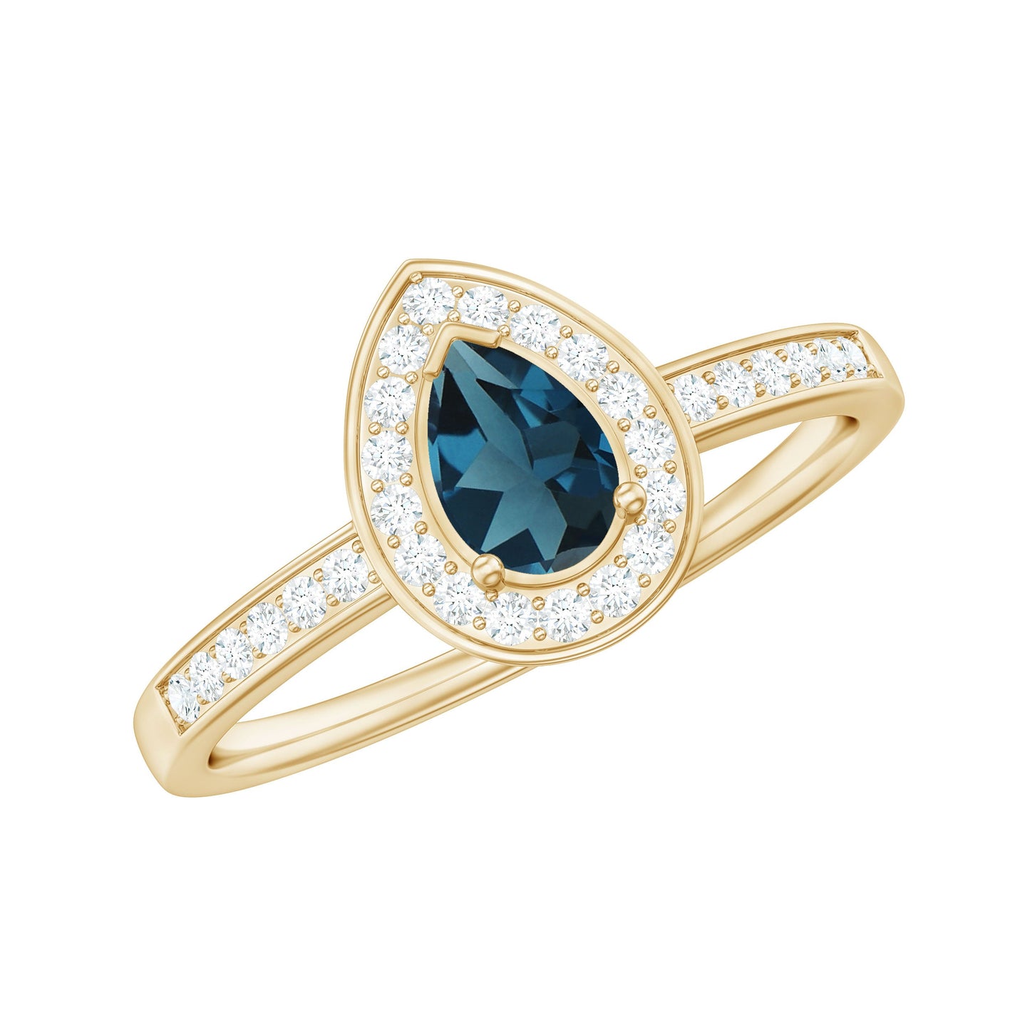 0.7 Carat Pear Shaped London Blue Topaz Engagement Ring with Diamond Halo