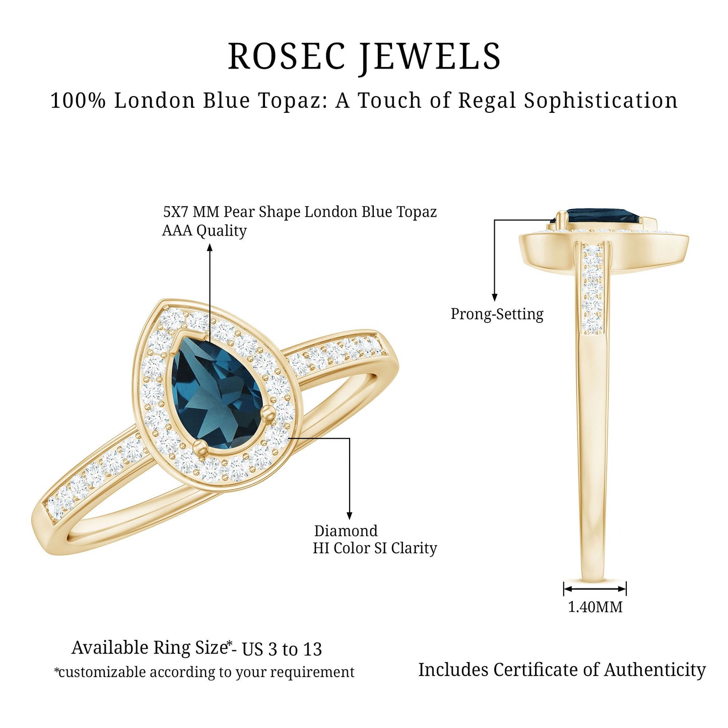 0.7 Carat Pear Shaped London Blue Topaz Engagement Ring with Diamond Halo