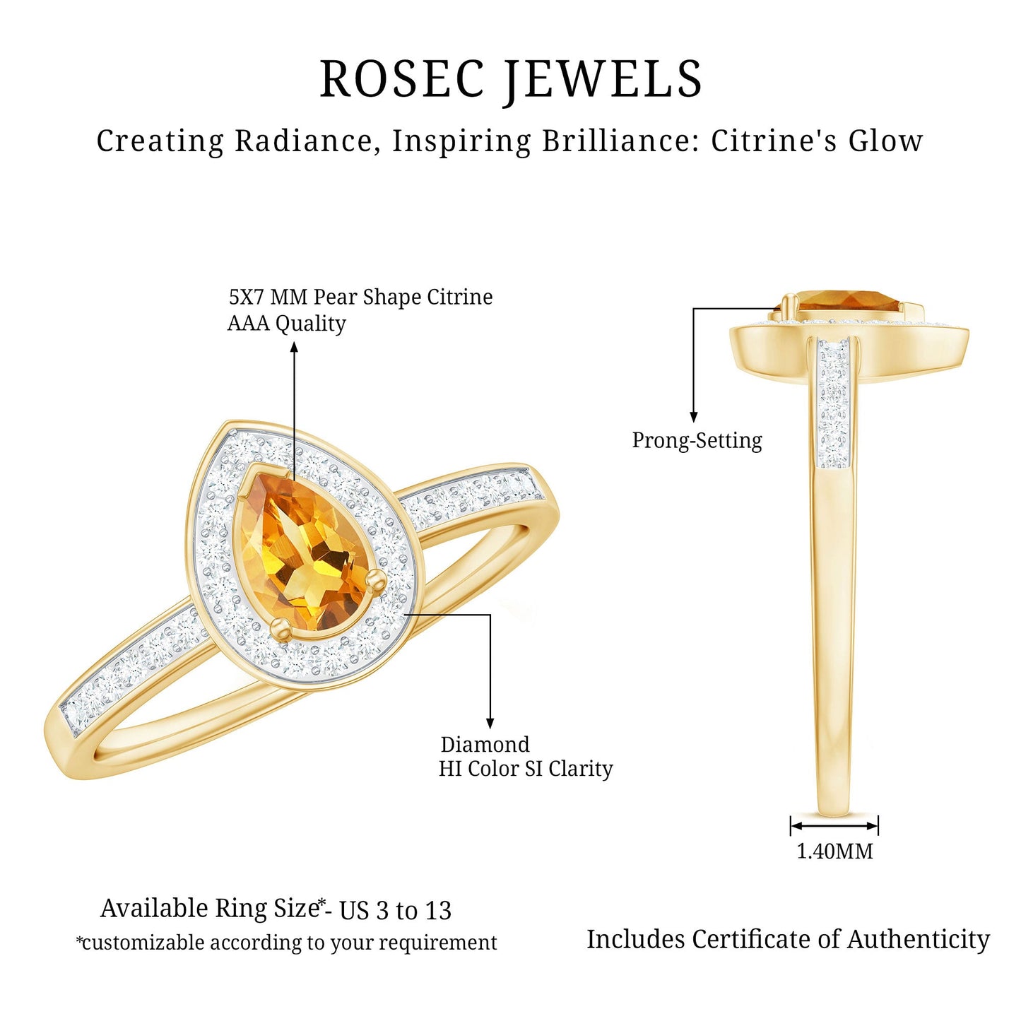 Natural 0.6 Carat Pear Shape Citrine Engagement Ring with Diamond Halo