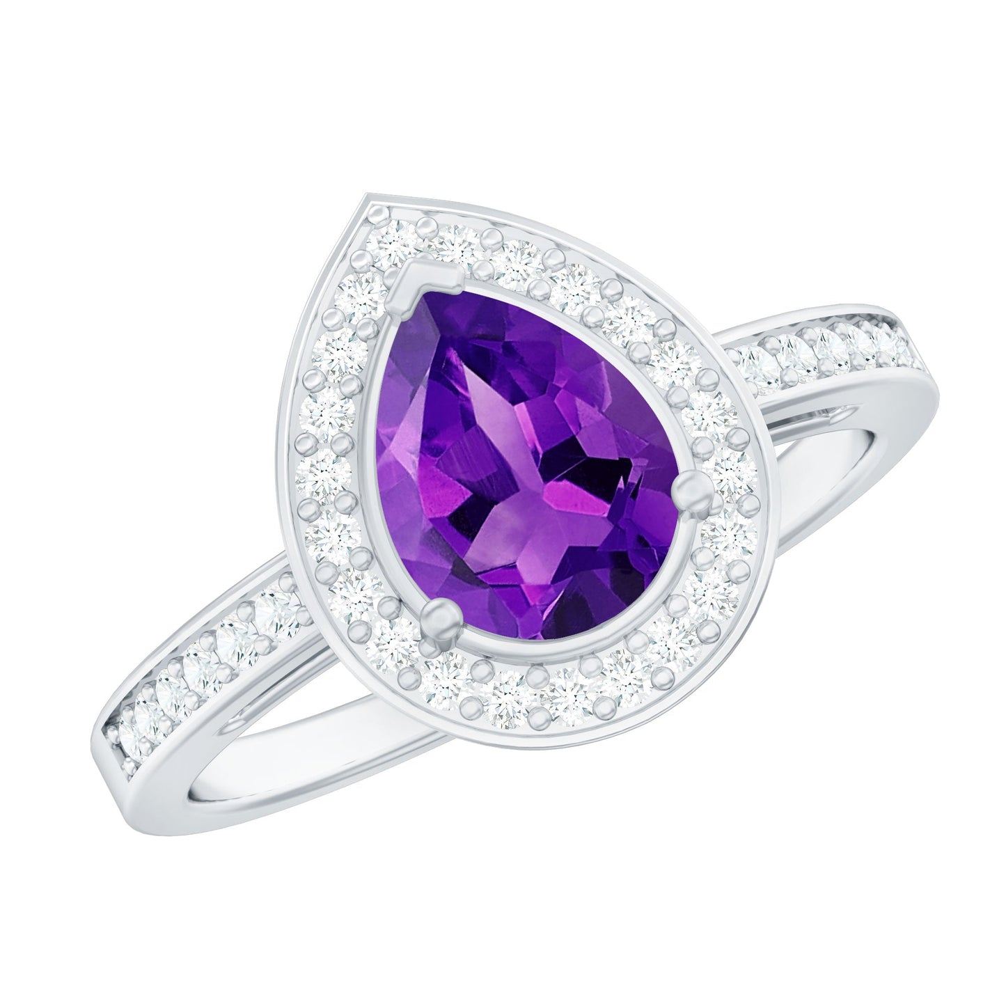 Real 1 Carat Amethyst Pear Shaped Engagement Ring with Diamond Halo