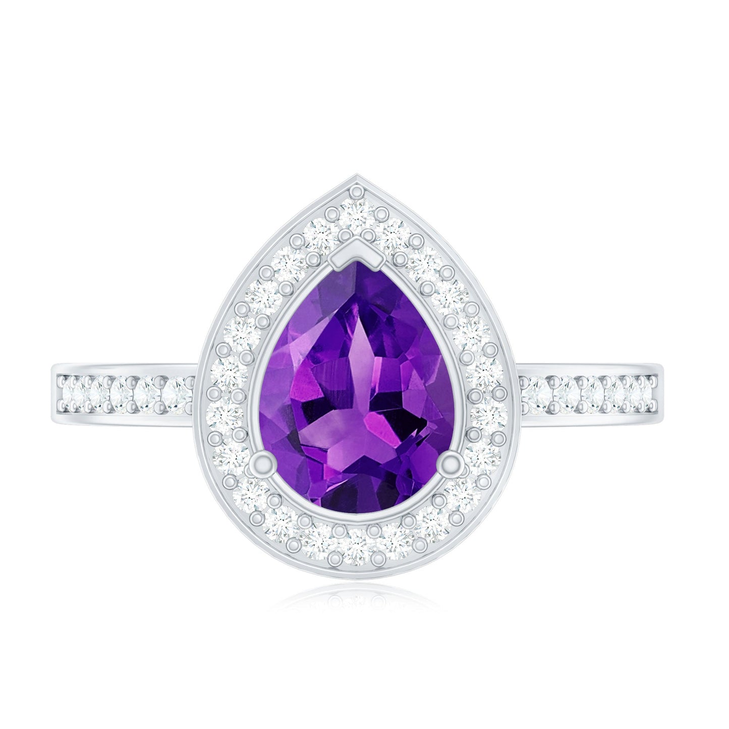 Real 1 Carat Amethyst Pear Shaped Engagement Ring with Diamond Halo