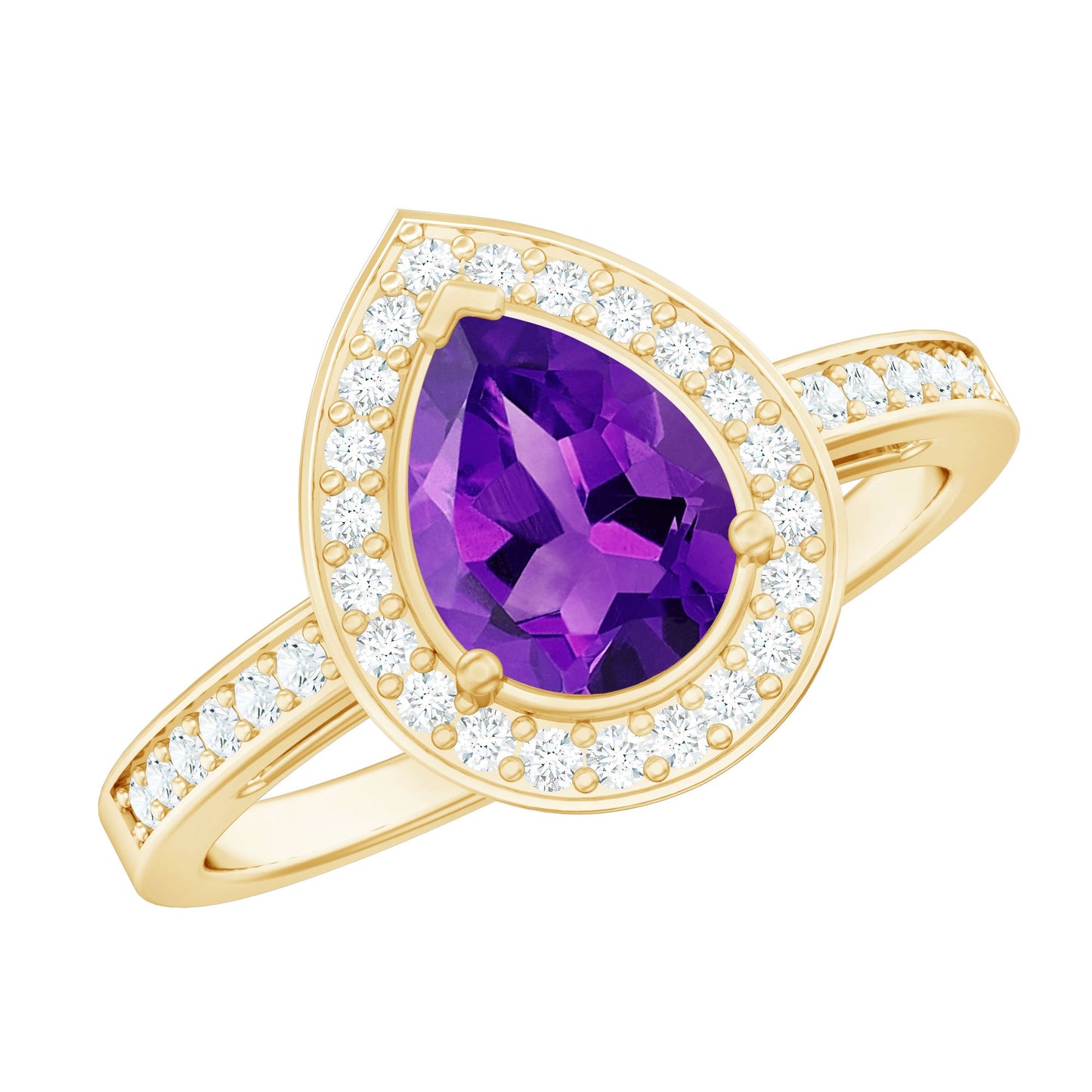 Real 1 Carat Amethyst Pear Shaped Engagement Ring with Diamond Halo