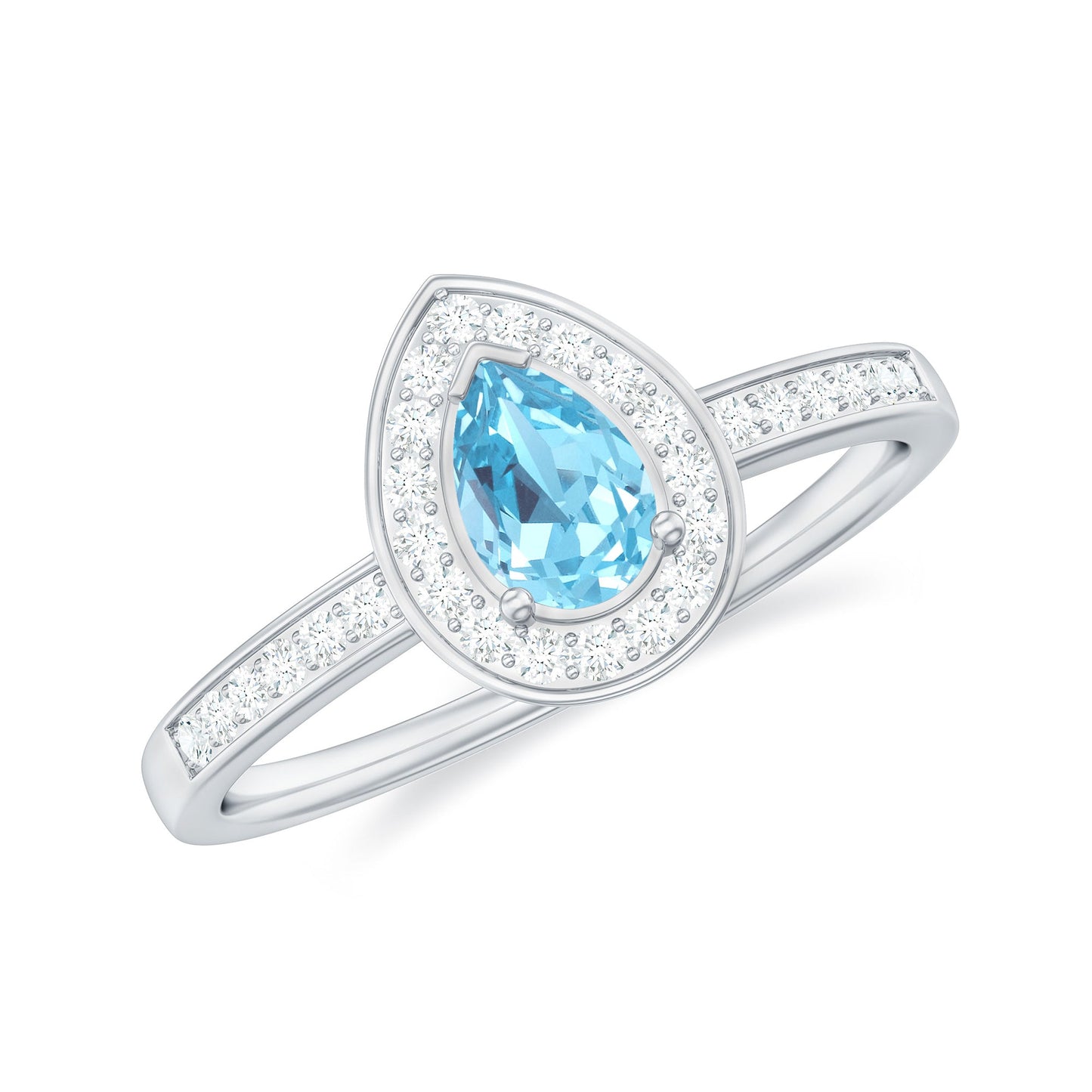 Natural Pear Shape Aquamarine Teardrop Engagement Ring with Diamond Halo