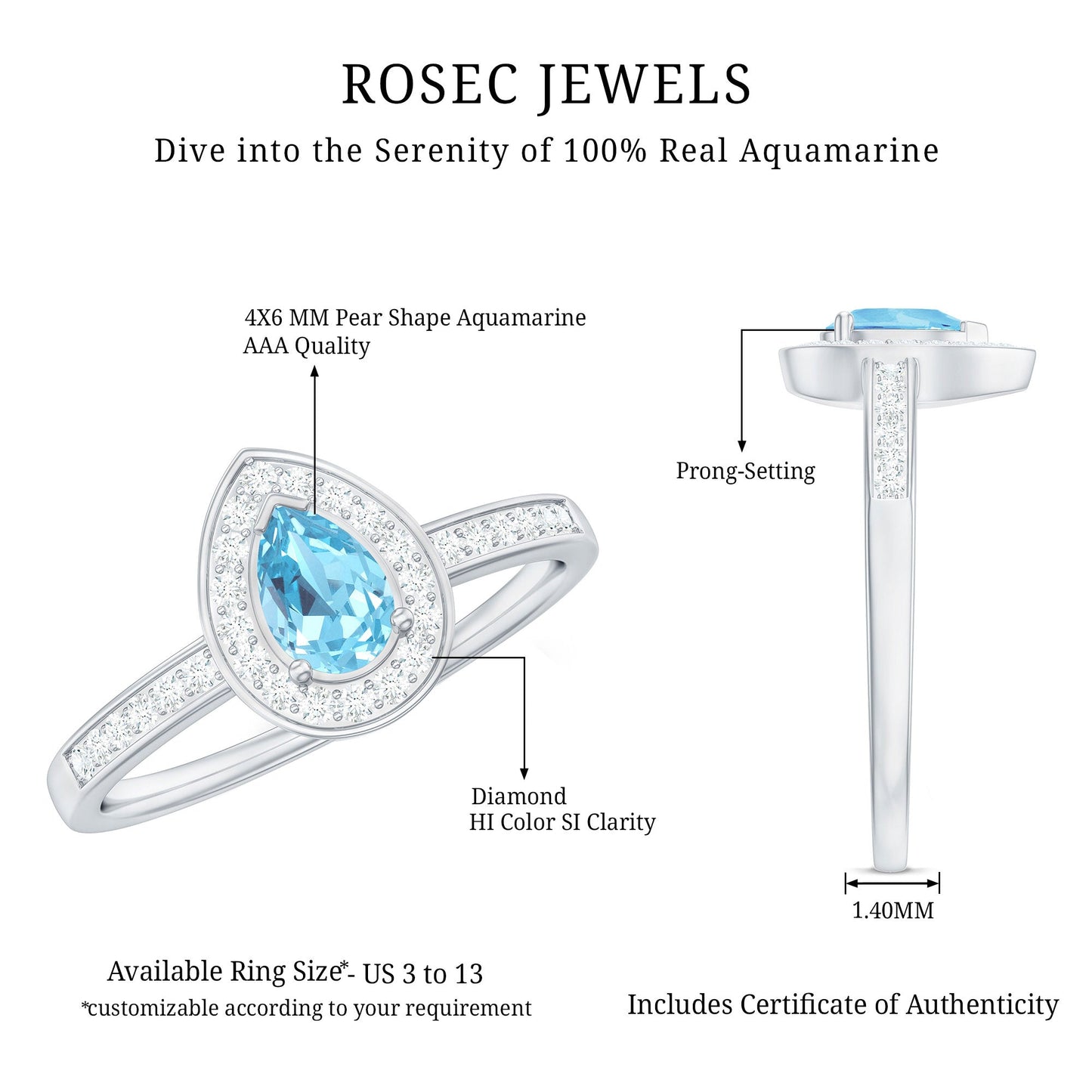 Natural Pear Shape Aquamarine Teardrop Engagement Ring with Diamond Halo