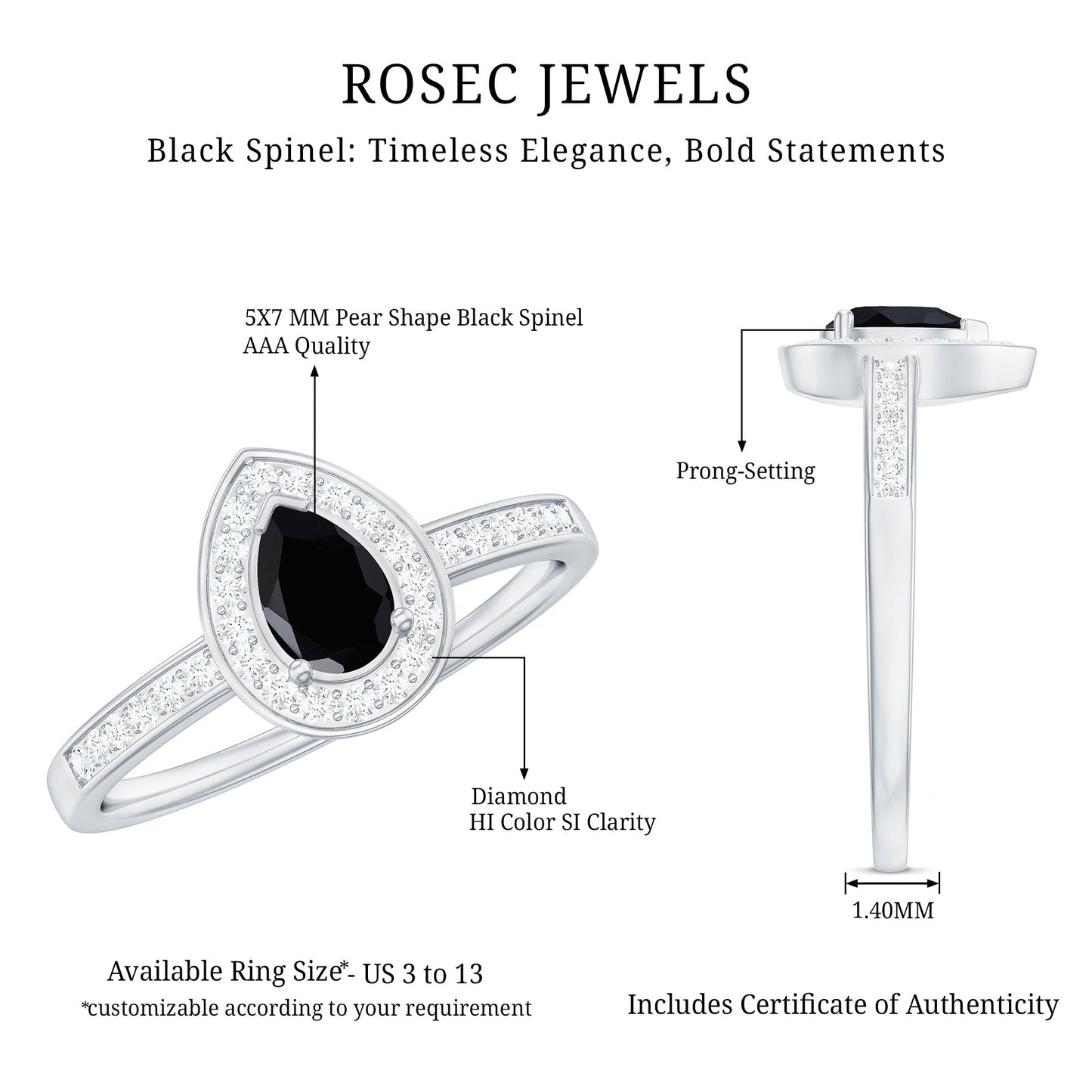 Genuine Black Spinel Teardrop Engagement Ring with Diamond Halo