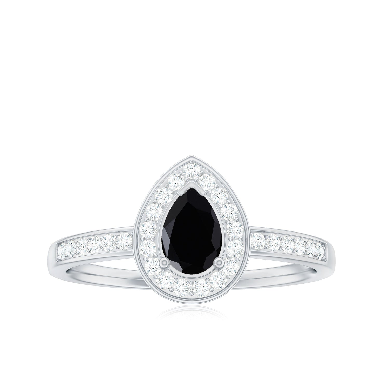 Genuine Black Spinel Teardrop Engagement Ring with Diamond Halo