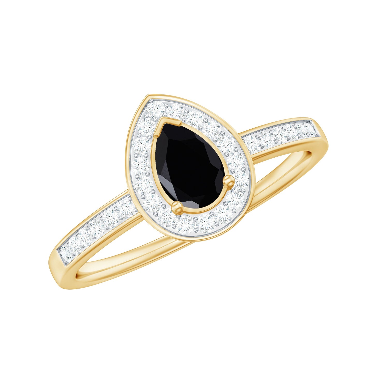 Genuine Black Spinel Teardrop Engagement Ring with Diamond Halo