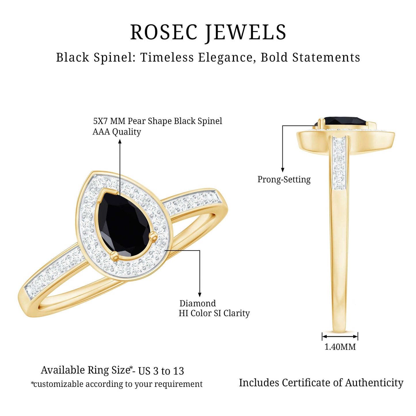 Genuine Black Spinel Teardrop Engagement Ring with Diamond Halo