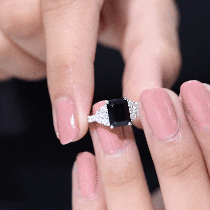 Certified 1.8 Carat Emerald Cut Black Onyx Engagement Ring with Diamonds