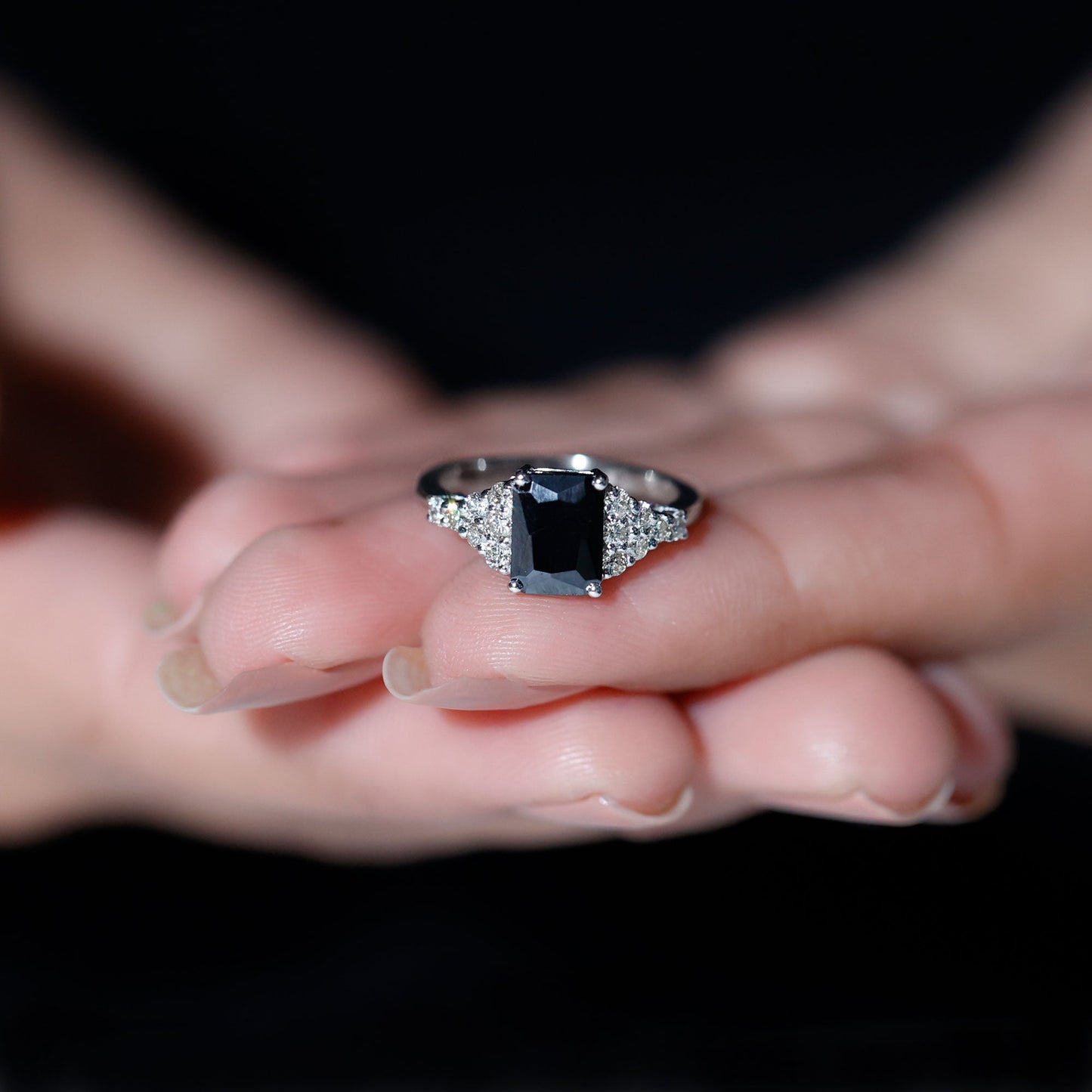 Certified 1.8 Carat Emerald Cut Black Onyx Engagement Ring with Diamonds