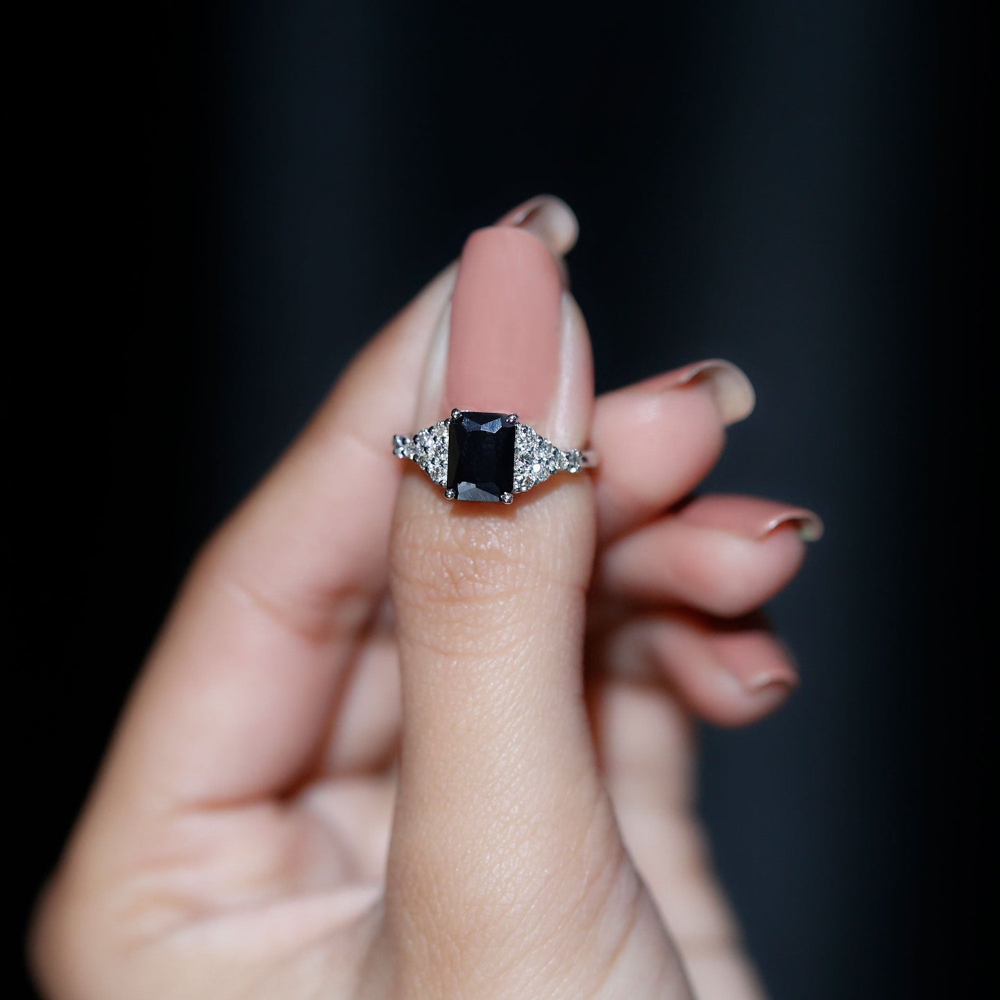 Certified 1.8 Carat Emerald Cut Black Onyx Engagement Ring with Diamonds