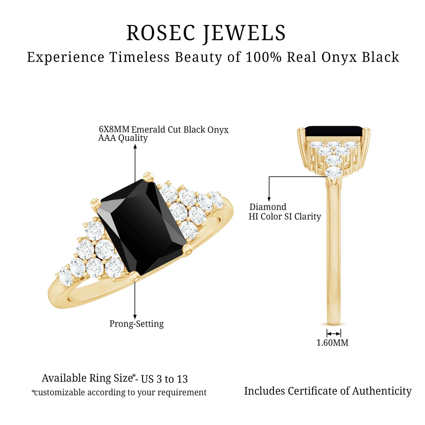 Certified 1.8 Carat Emerald Cut Black Onyx Engagement Ring with Diamonds