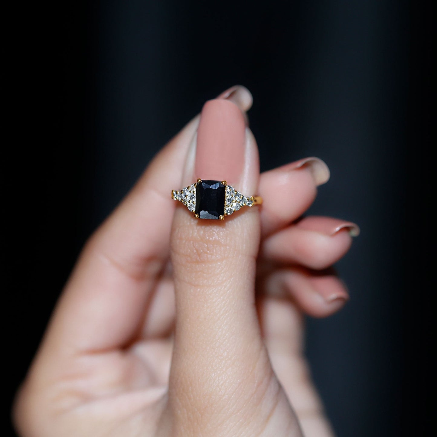 Certified 1.8 Carat Emerald Cut Black Onyx Engagement Ring with Diamonds