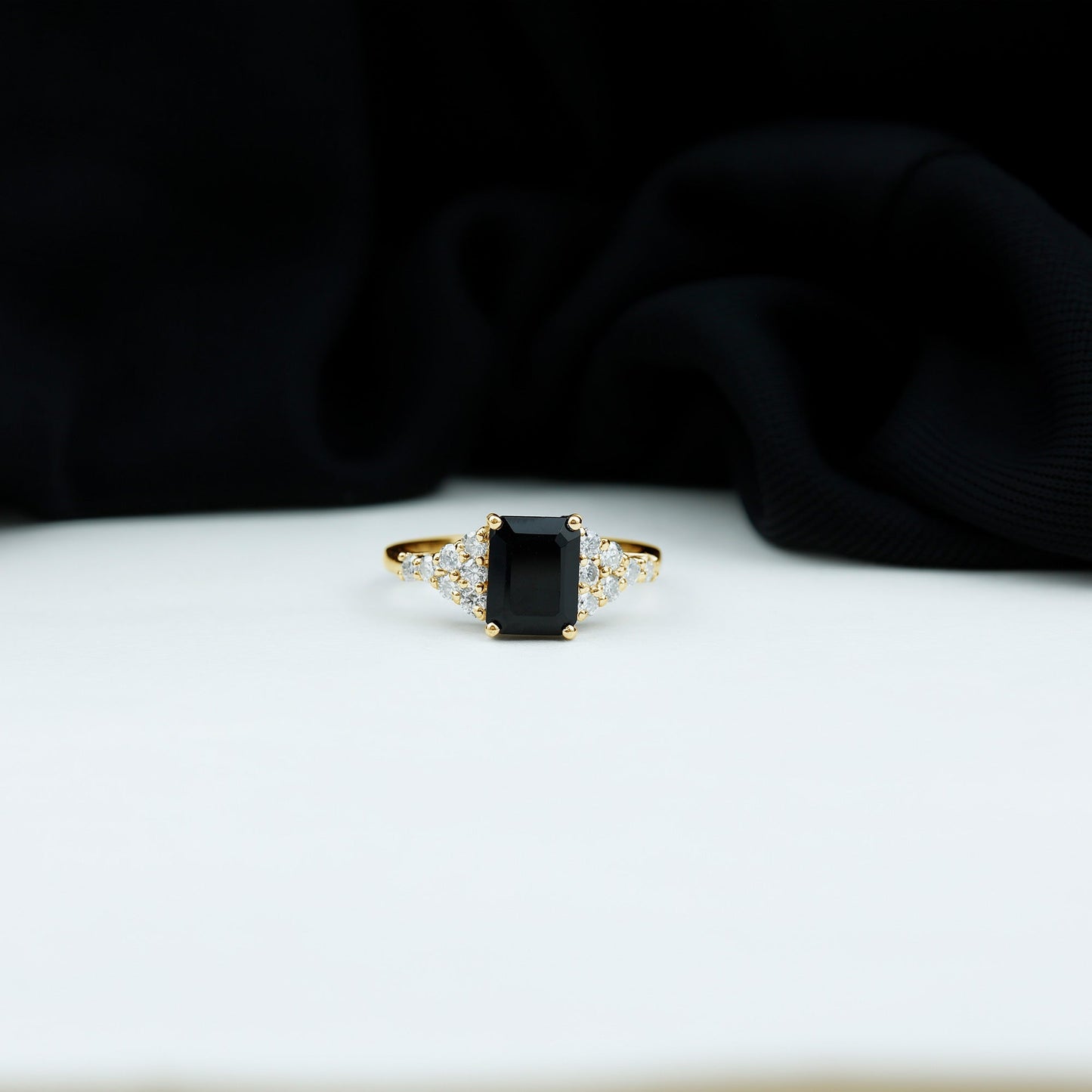 Certified 1.8 Carat Emerald Cut Black Onyx Engagement Ring with Diamonds
