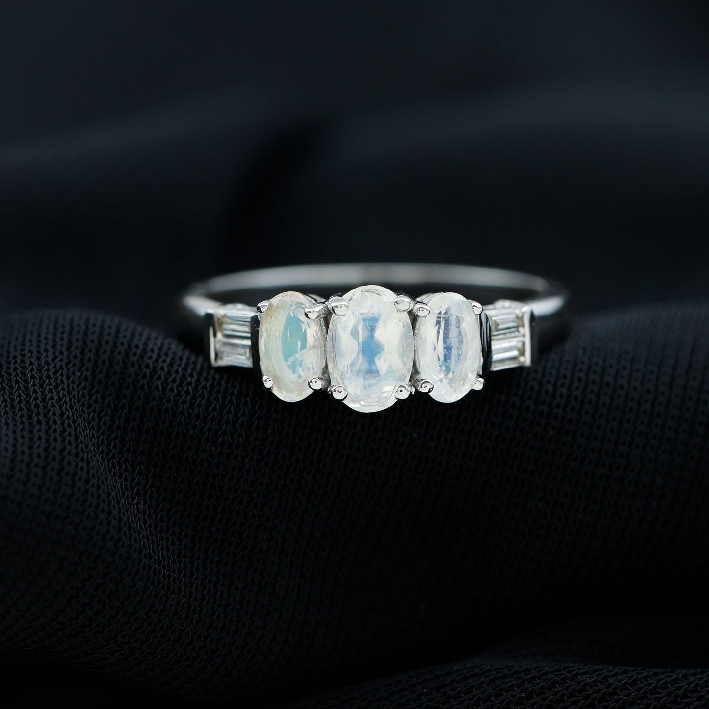 Genuine Oval Moonstone Three Stone Anniversary Ring