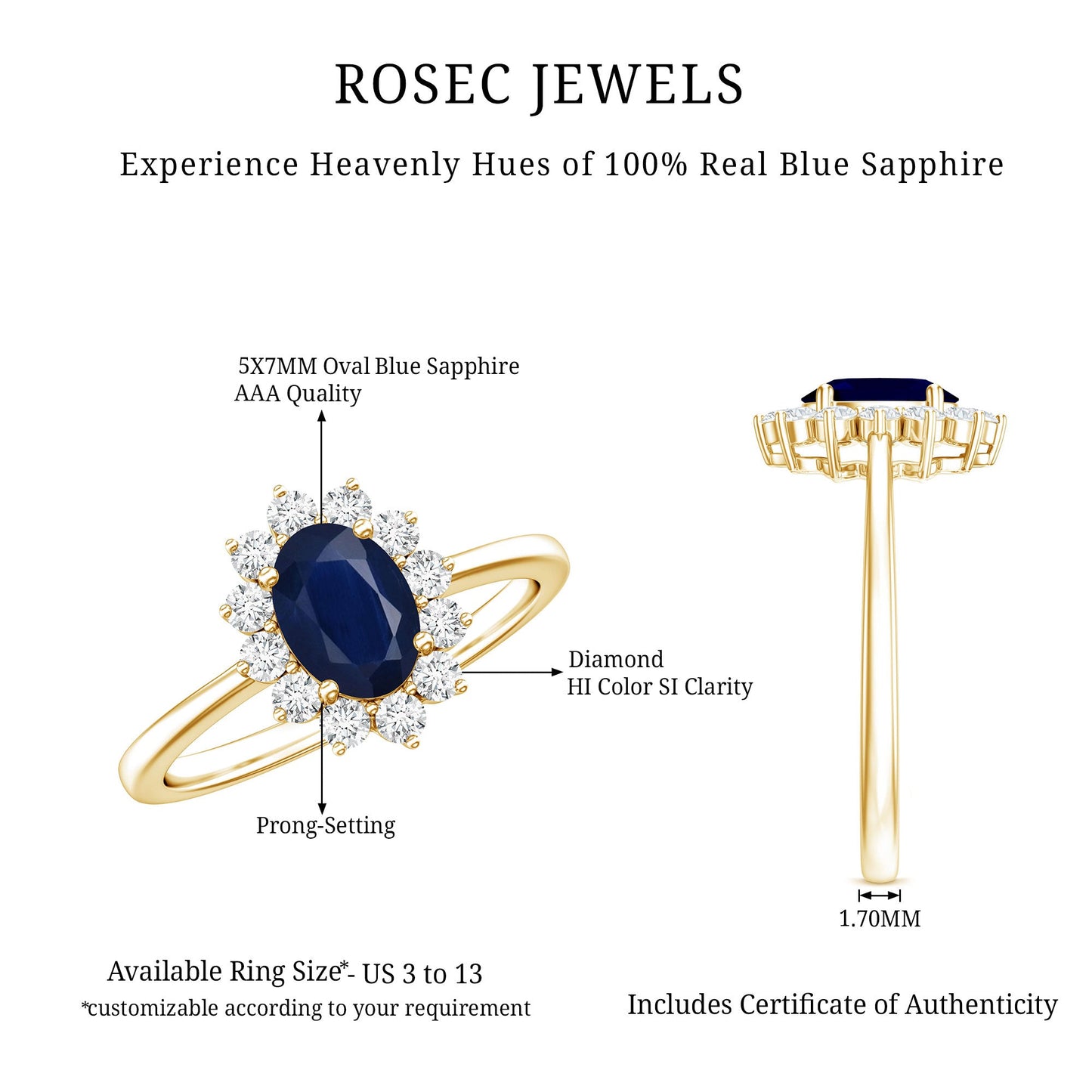 Natural 1 Carat Blue Sapphire Princess Diana Inspired Engagement Ring with Diamonds