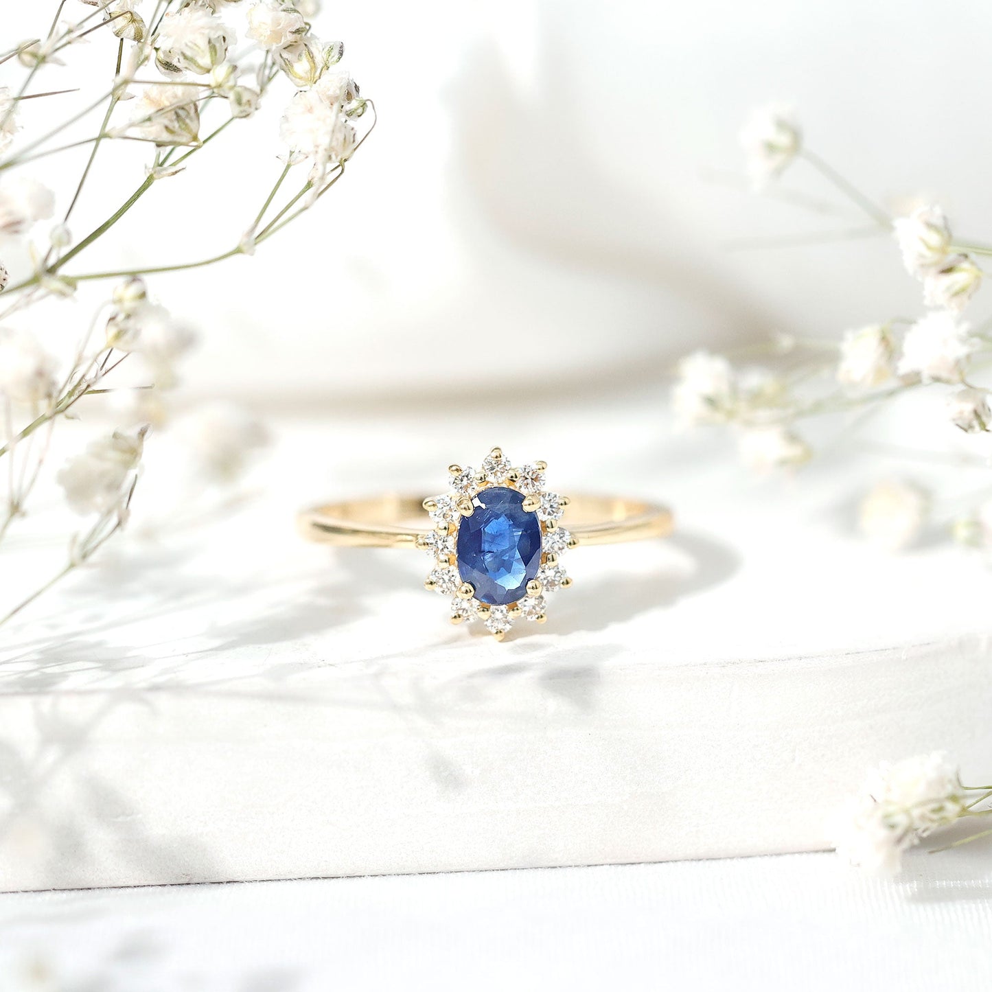 Natural 1 Carat Blue Sapphire Princess Diana Inspired Engagement Ring with Diamonds