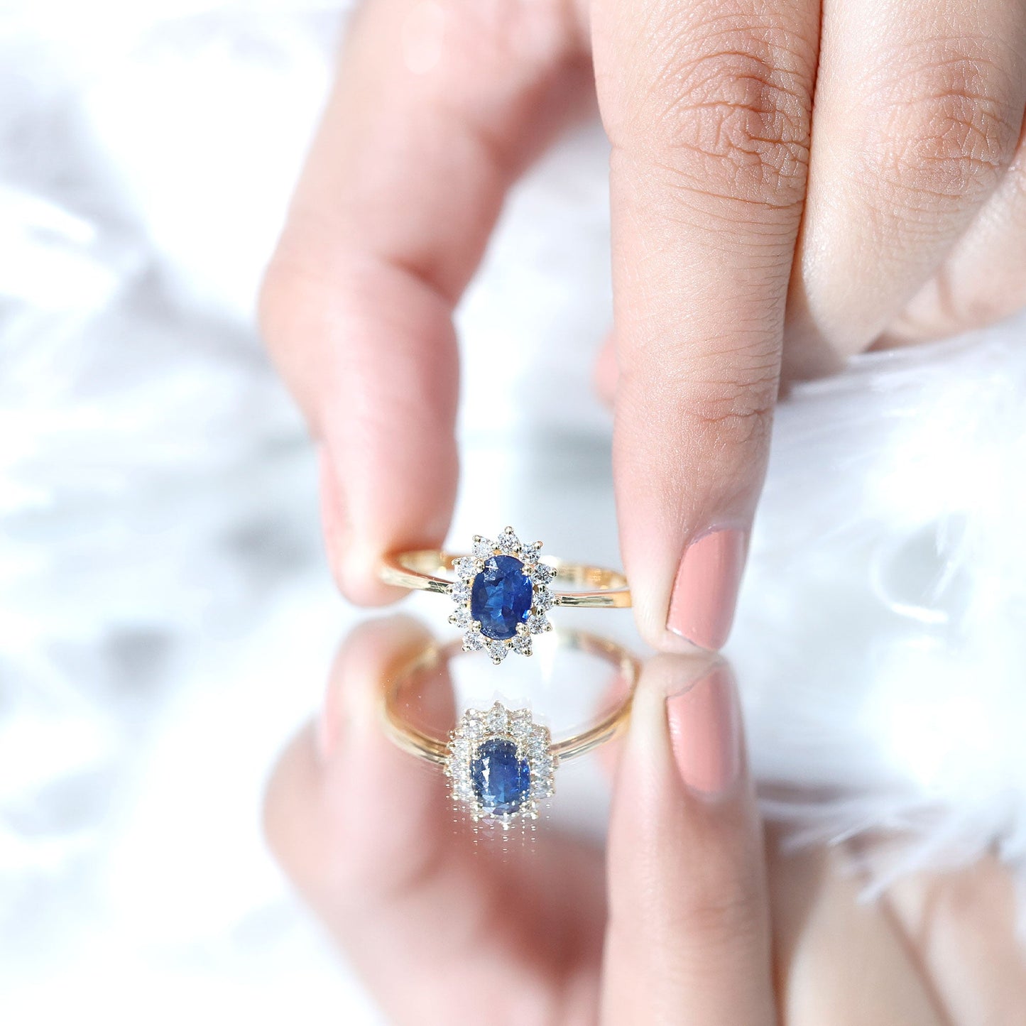Natural 1 Carat Blue Sapphire Princess Diana Inspired Engagement Ring with Diamonds