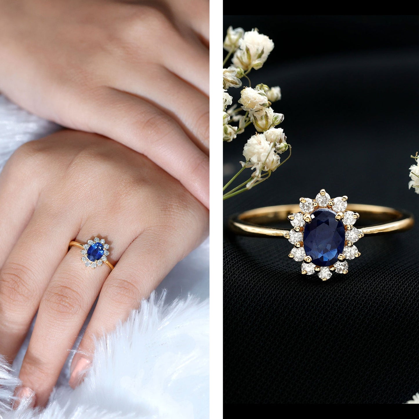 Natural 1 Carat Blue Sapphire Princess Diana Inspired Engagement Ring with Diamonds