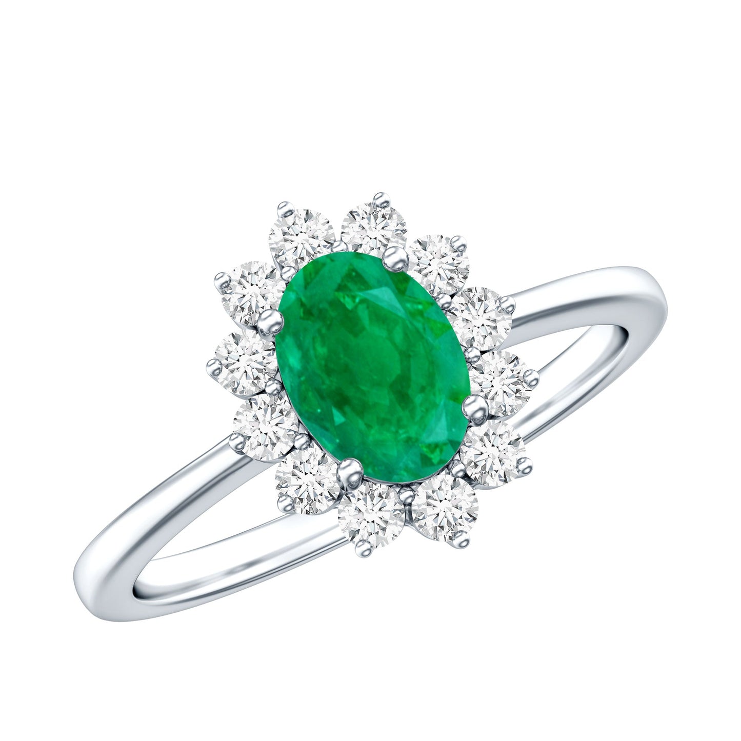 Natural 0.7 Carat Emerald Oval Engagement Ring with Diamond Halo