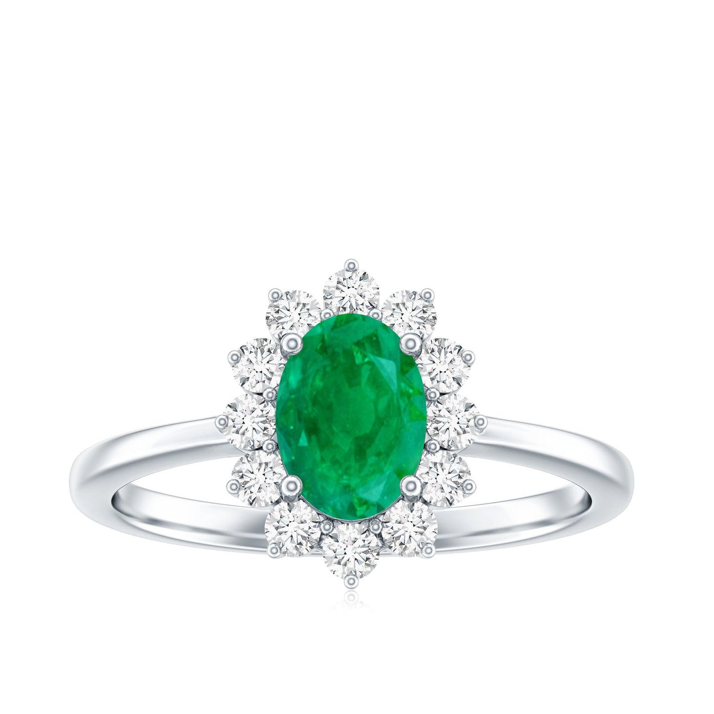 Natural 0.7 Carat Emerald Oval Engagement Ring with Diamond Halo