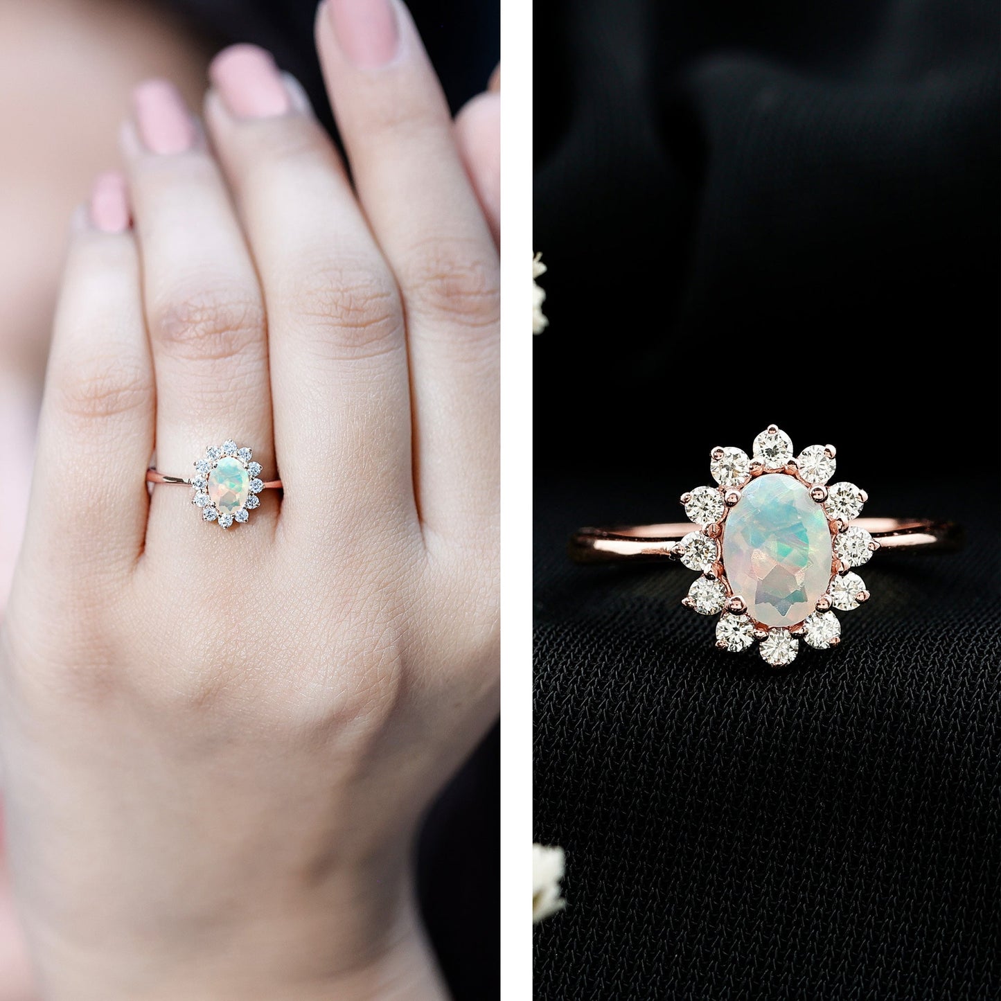 Certified Real Ethiopian Opal Oval Engagement Ring with Diamond Halo