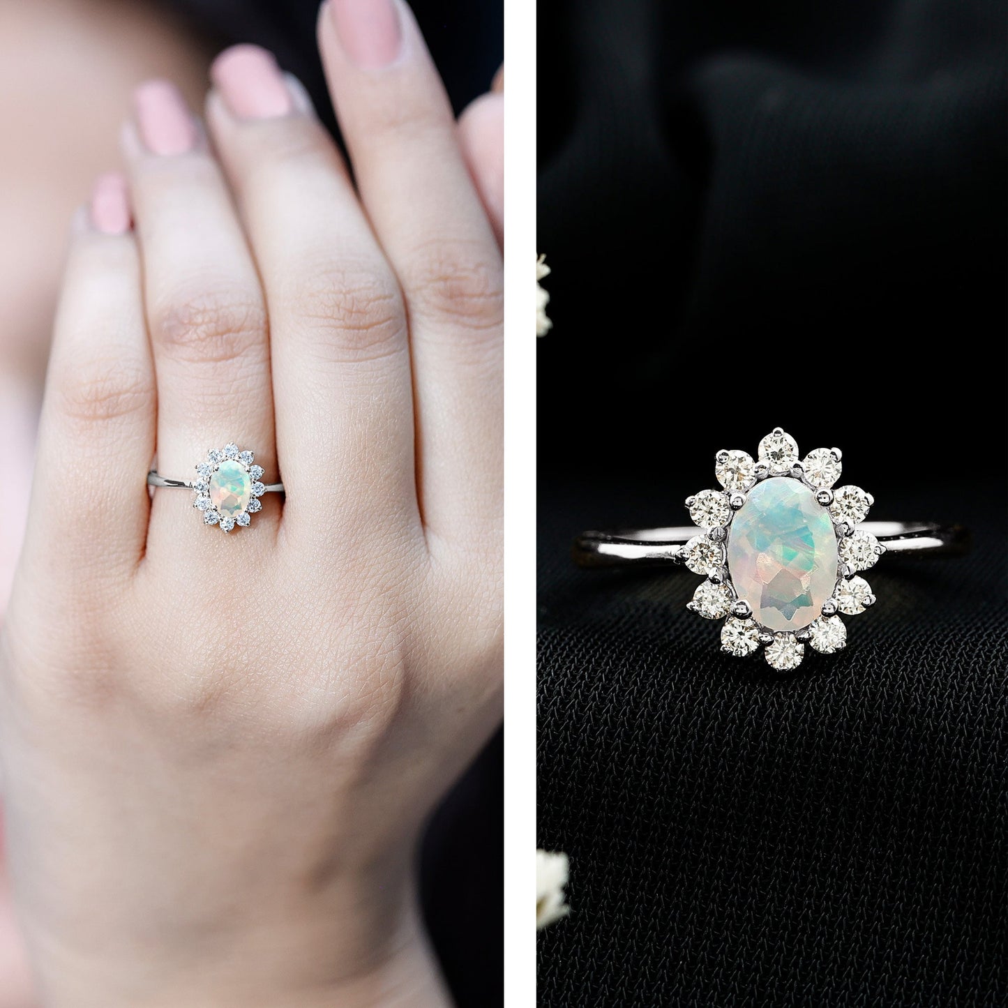 Certified Real Ethiopian Opal Oval Engagement Ring with Diamond Halo
